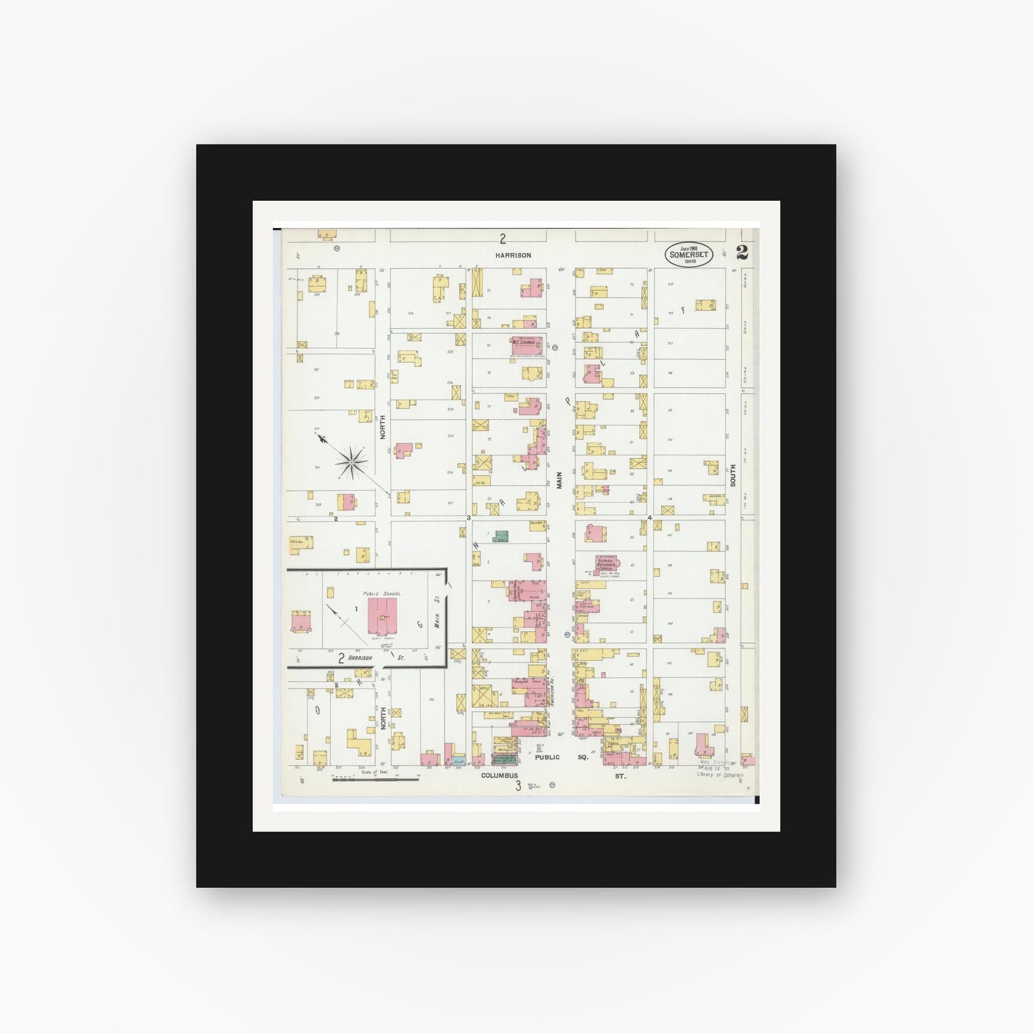 Old map wall art mockup — black gallery frame with white mat — Sanborn Fire Insurance Map from Somerset, Perry County, Ohio (1901), Sheet #0002