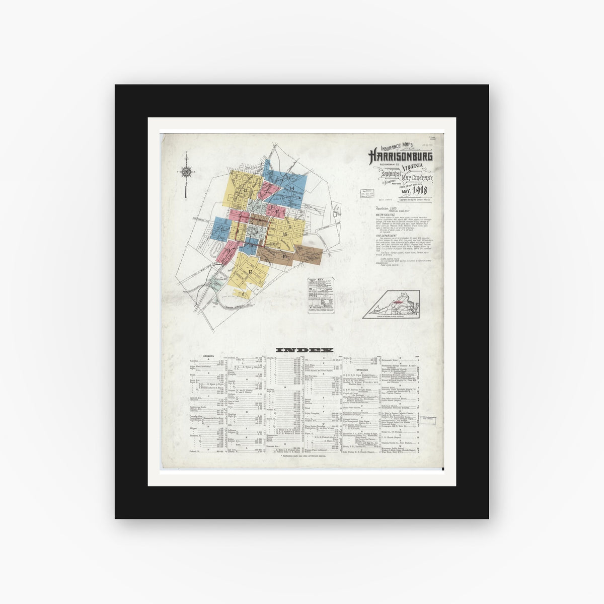 Old map wall art mockup — black gallery frame with white mat — Sanborn Fire Insurance Map from Harrisonburg, Independent Cities, Virginia (1918) - Complete Map Set