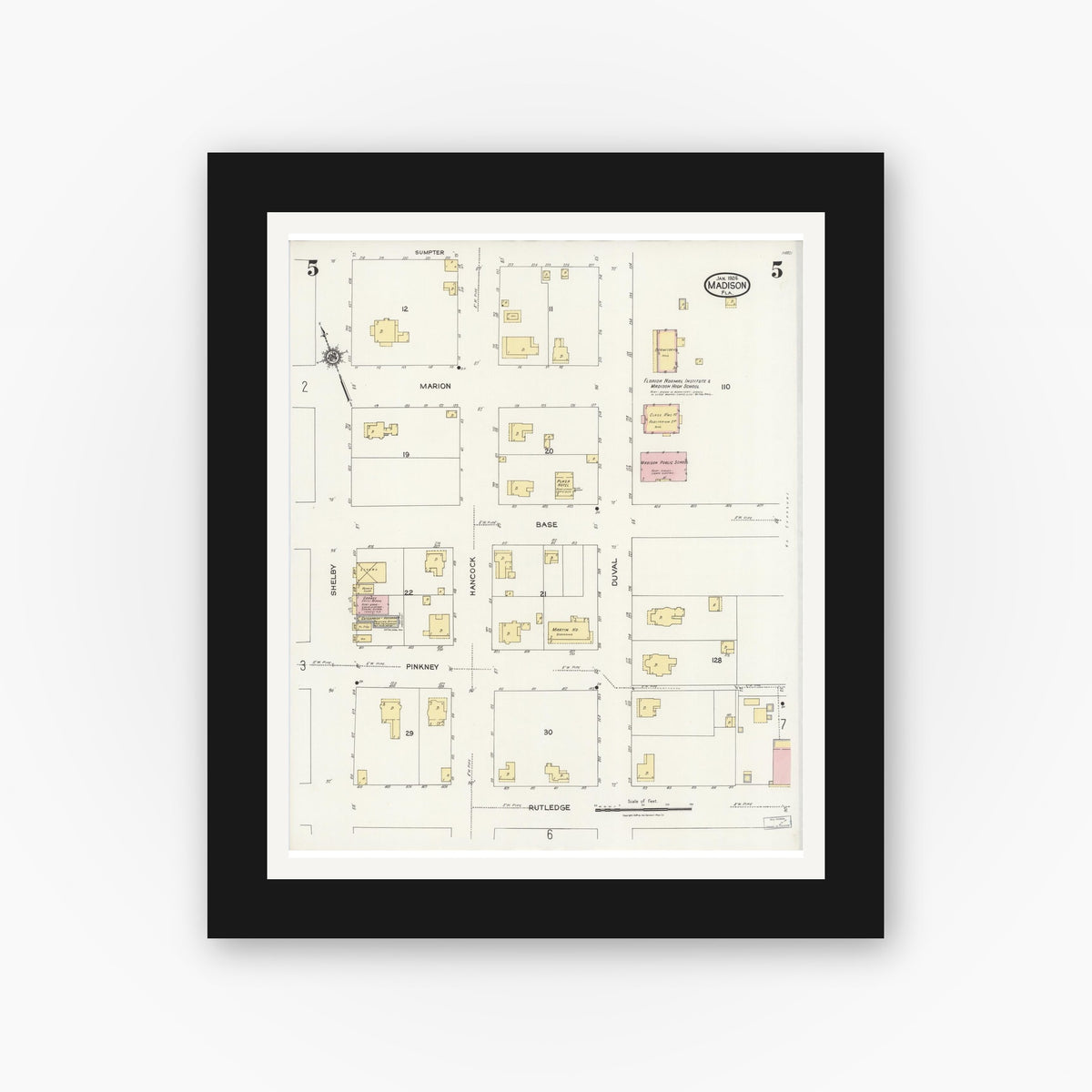 Old map wall art mockup — black gallery frame with white mat — Sanborn Fire Insurance Map from Madison, Madison County, Florida (1924), Sheet #0005