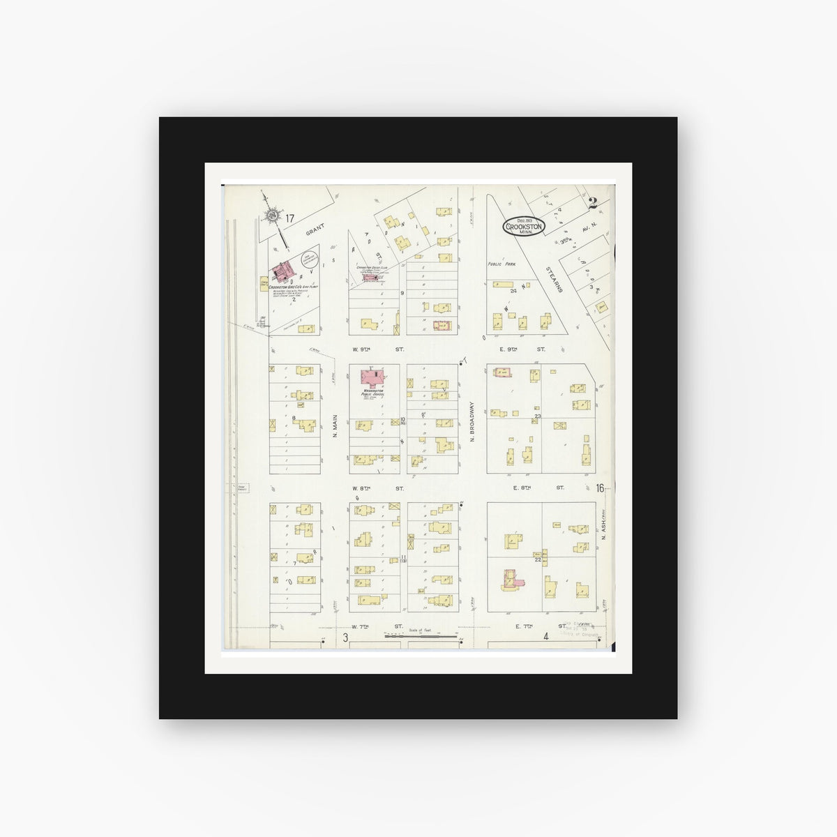 Old map wall art mockup — black gallery frame with white mat — Sanborn Fire Insurance Map from Crookston, Polk County, Minnesota (1913), Sheet #0002