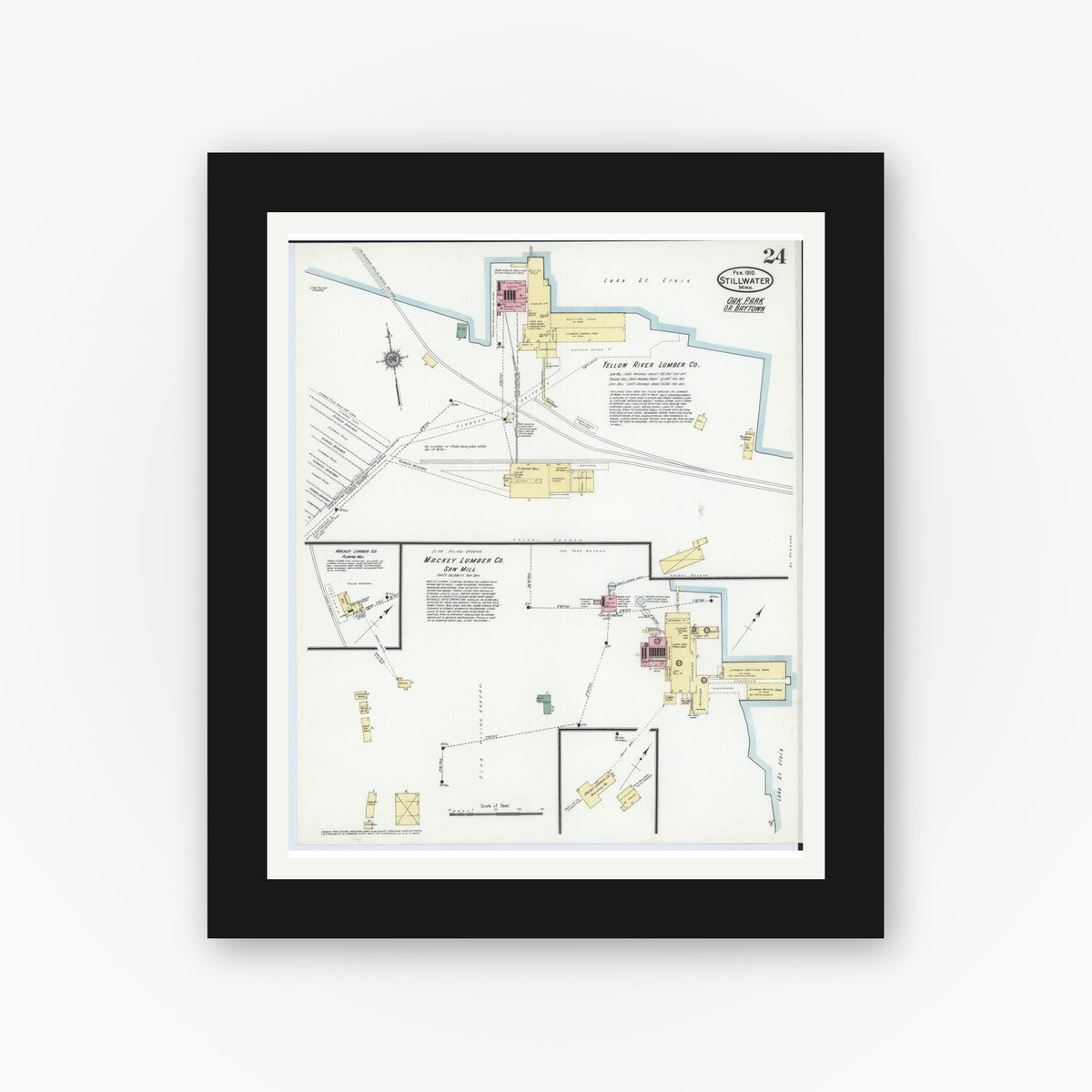 Old map wall art mockup — black gallery frame with white mat — Sanborn Fire Insurance Map from Stillwater, Washington County, Minnesota (1910), Sheet #0024