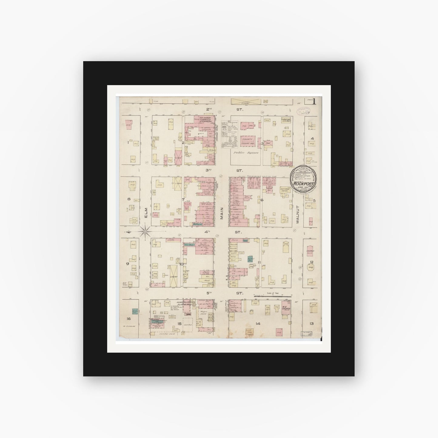 Old map wall art mockup — black gallery frame with white mat — Sanborn Fire Insurance Map from Rockport, Spencer County, Indiana (1885) - Complete Map Set