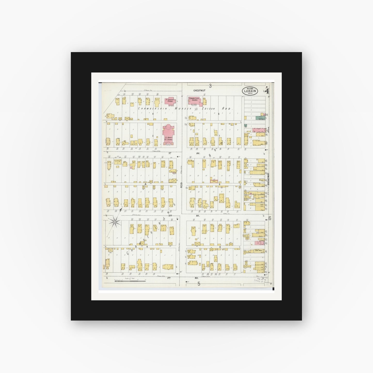 Old map wall art mockup — black gallery frame with white mat — Sanborn Fire Insurance Map from Lorain, Lorain County, Ohio (1900), Sheet #0004