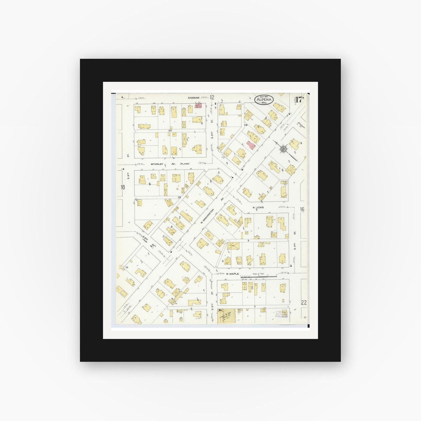 Old map wall art mockup — black gallery frame with white mat — Sanborn Fire Insurance Map from Alpena, Alpena County, Michigan (1910), Sheet #0017