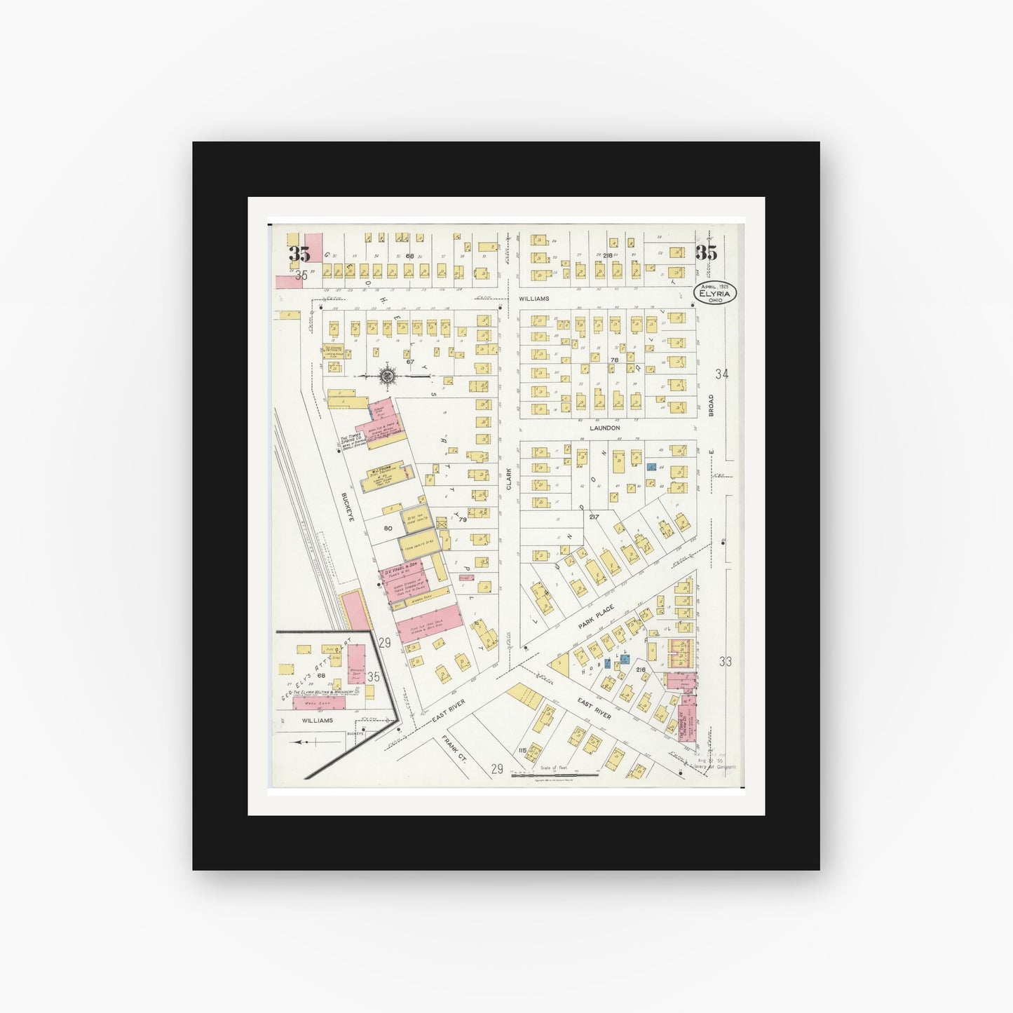 Old map wall art mockup — black gallery frame with white mat — Sanborn Fire Insurance Map from Elyria, Lorain County, Ohio (1925), Sheet #0035
