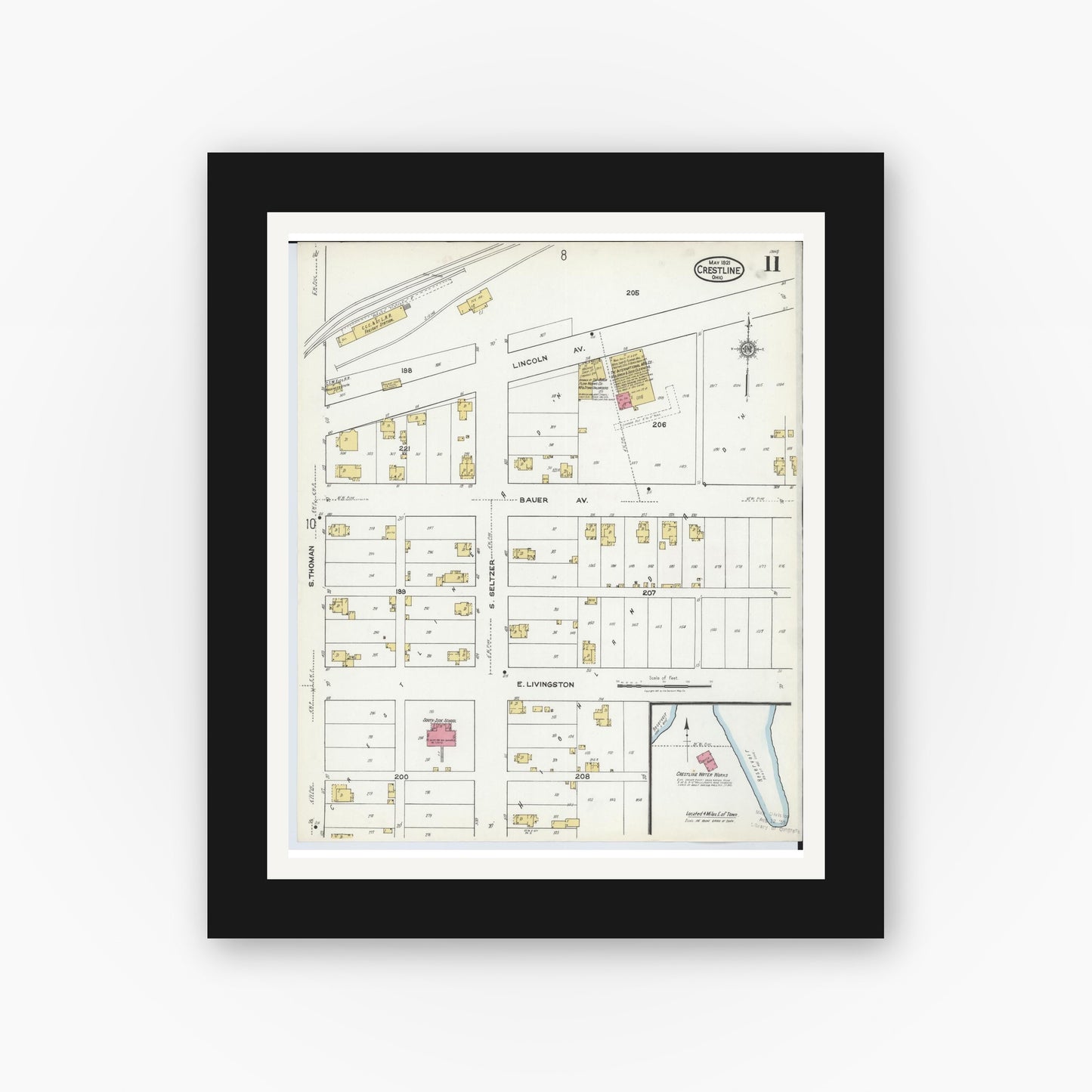 Old map wall art mockup — black gallery frame with white mat — Sanborn Fire Insurance Map from Crestline, Crawford County, Ohio (1921), Sheet #0011