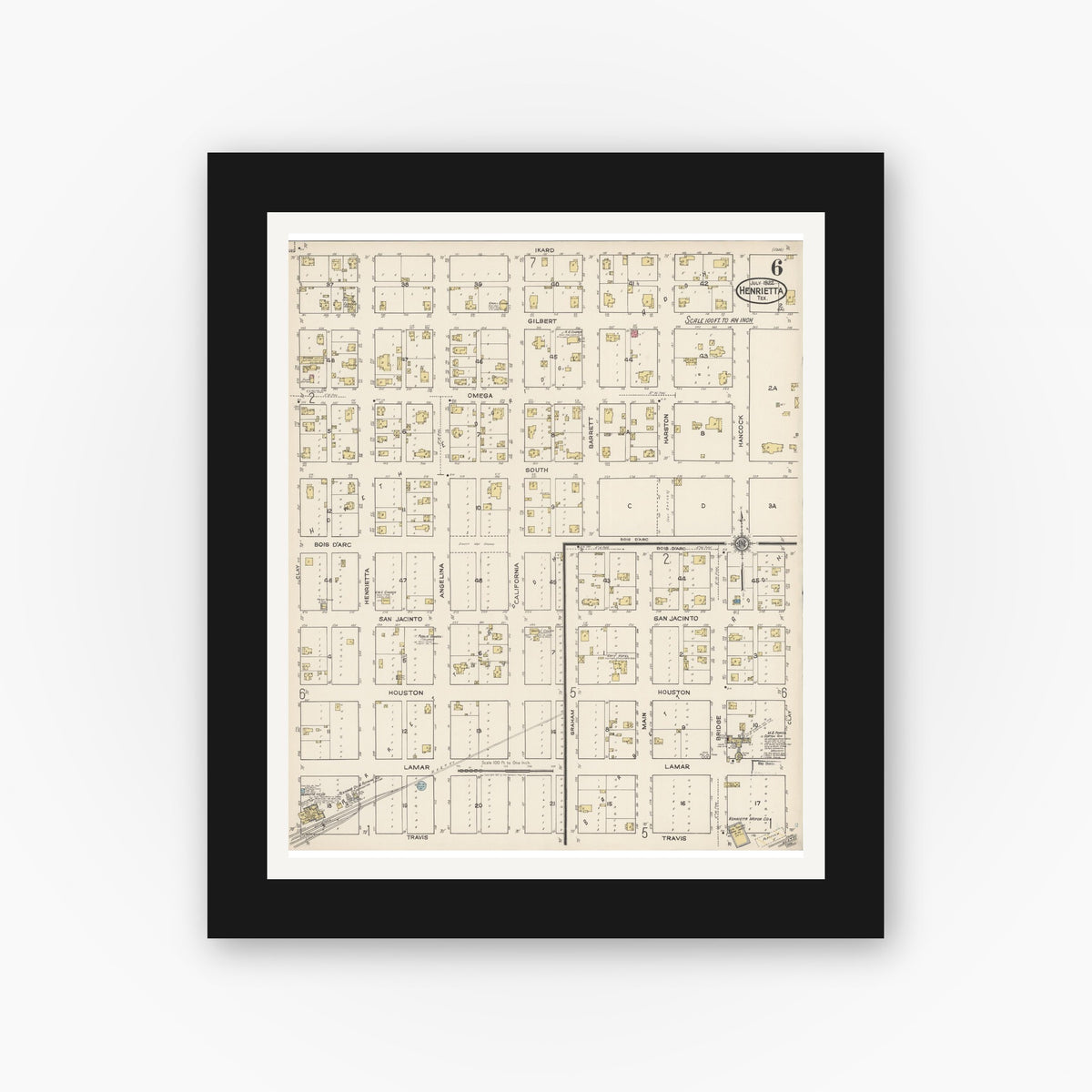 Old map wall art mockup — black gallery frame with white mat — Sanborn Fire Insurance Map from Henrietta, Clay County, Texas (1922), Sheet #0006