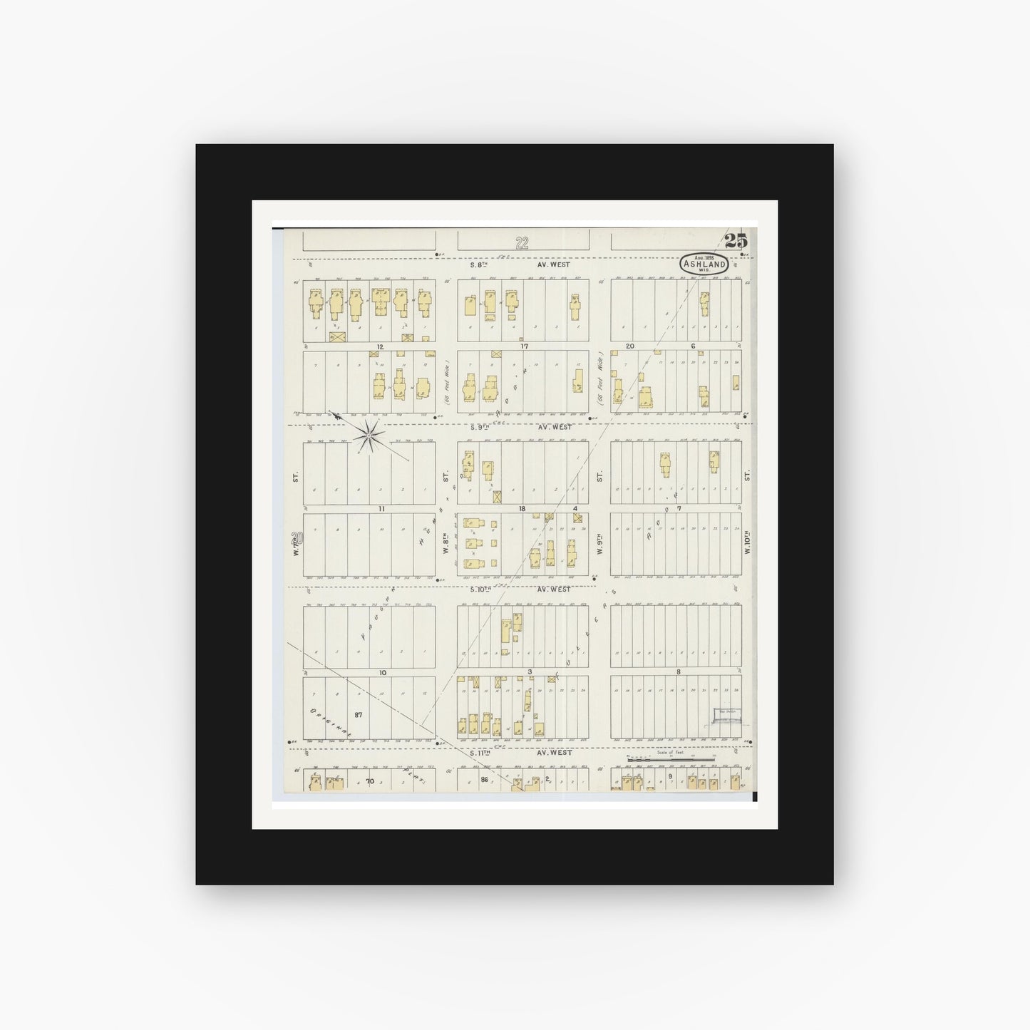 Old map wall art mockup — black gallery frame with white mat — Sanborn Fire Insurance Map from Ashland, Ashland County, Wisconsin (1895), Sheet #0025