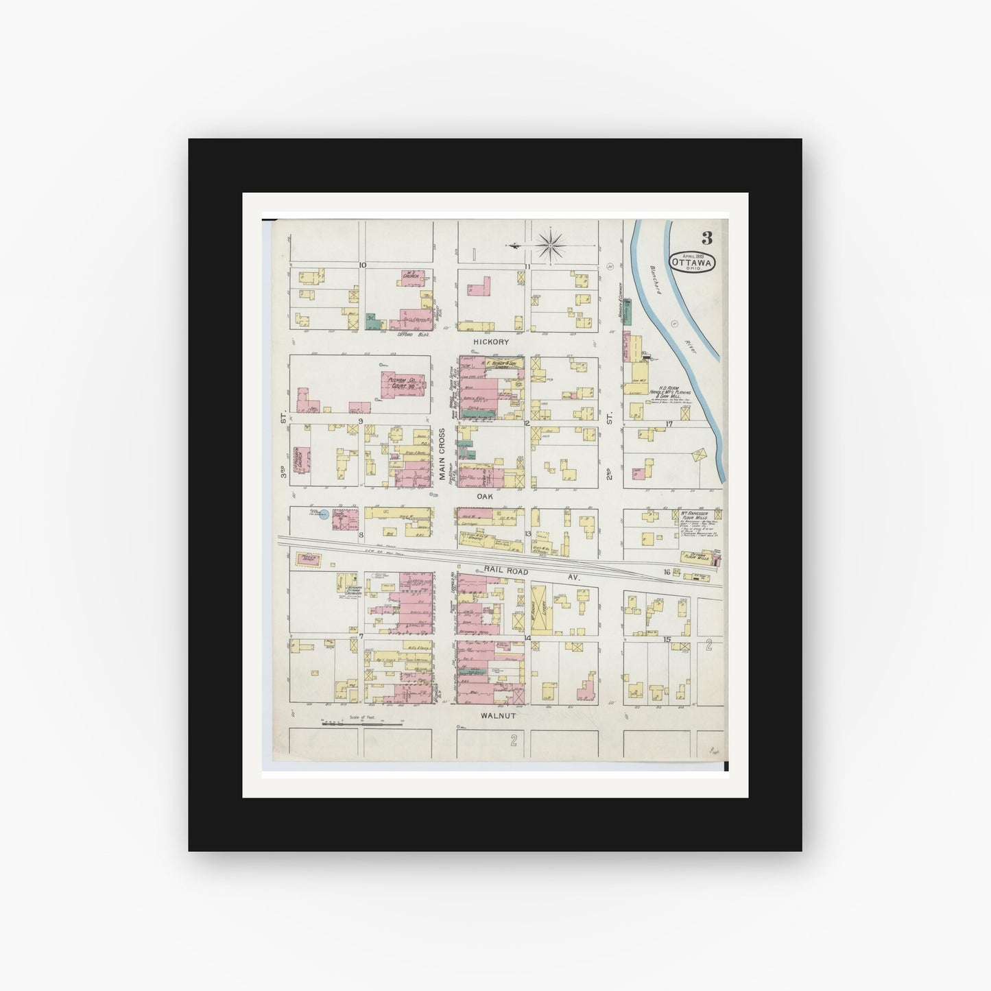 Old map wall art mockup — black gallery frame with white mat — Sanborn Fire Insurance Map from Ottawa, Putnam County, Ohio (1893), Sheet #0003