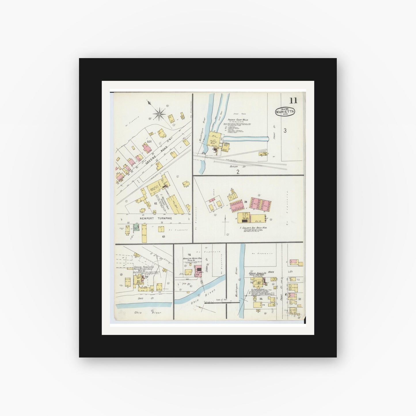 Old map wall art mockup — black gallery frame with white mat — Sanborn Fire Insurance Map from Marietta, Washington County, Ohio (1896), Sheet #0011