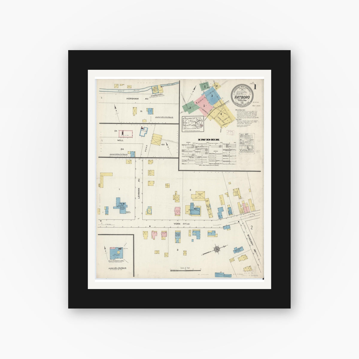 Old map wall art mockup — black gallery frame with white mat — Sanborn Fire Insurance Map from Hatboro, Montgomery County, Pennsylvania (1915), Sheet #0001