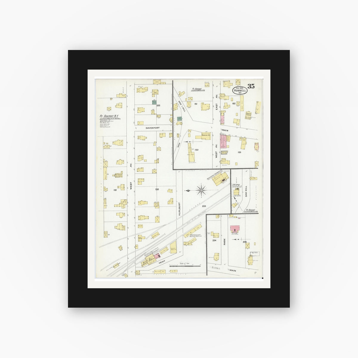 Old map wall art mockup — black gallery frame with white mat — Sanborn Fire Insurance Map from Hornell, Steuben County, New York (1909), Sheet #0035