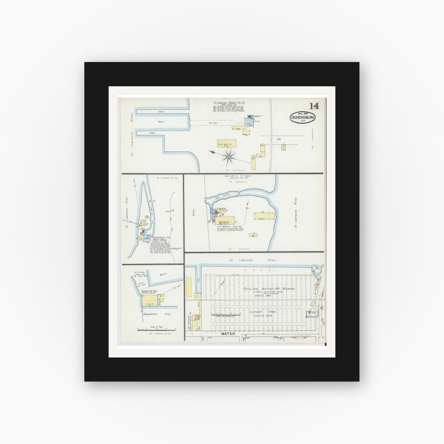 Old map wall art mockup — black gallery frame with white mat — Sanborn Fire Insurance Map from Ogdensburg, St. Lawrence County, New York (1892), Sheet #0013
