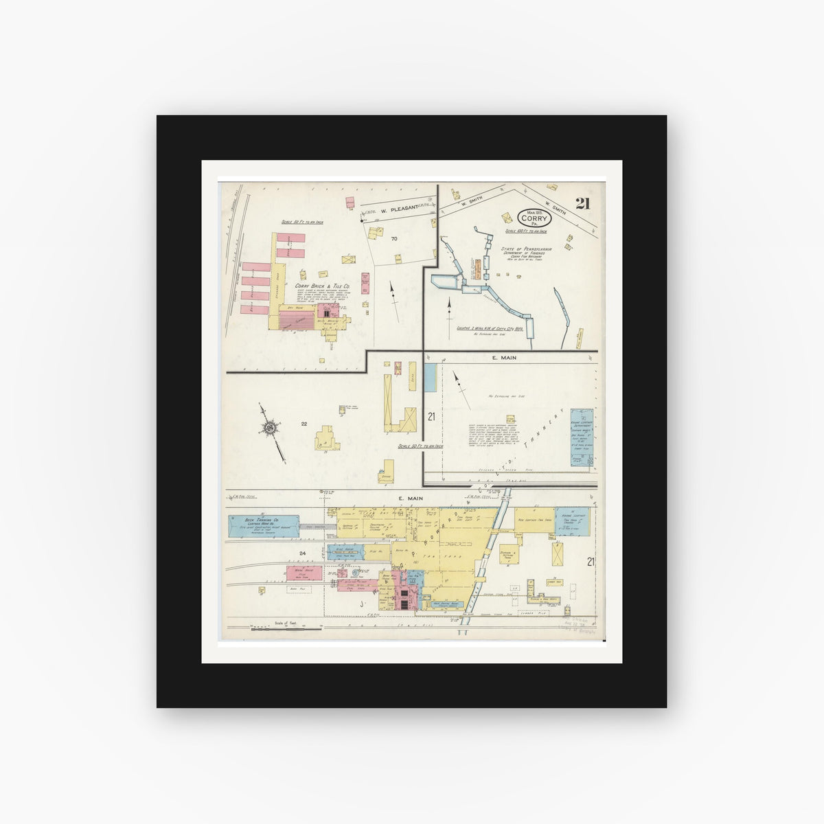 Old map wall art mockup — black gallery frame with white mat — Sanborn Fire Insurance Map from Corry, Erie County, Pennsylvania (1915), Sheet #0021
