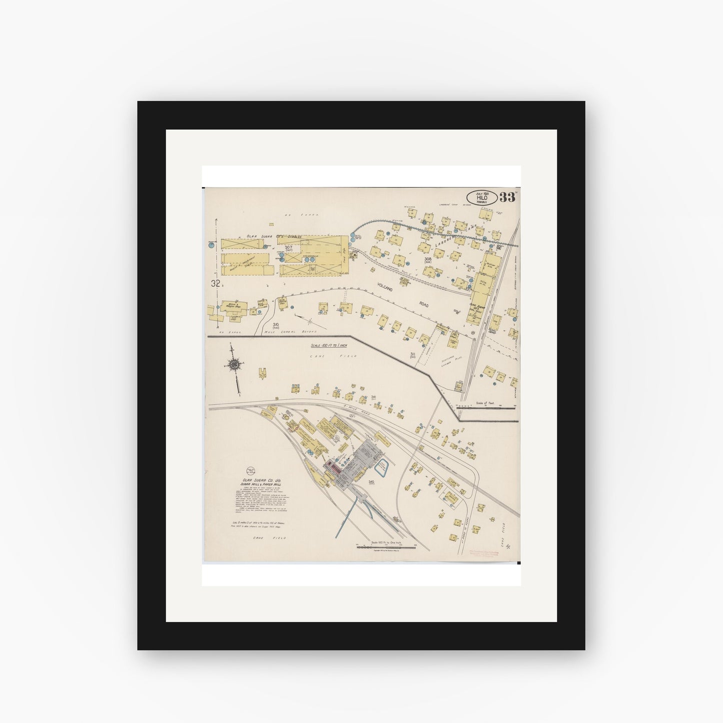 Old map wall art mockup — black gallery frame with white mat — Sanborn Fire Insurance Map from Hilo, Hawaii County, Hawaii (1921), Sheet #0033