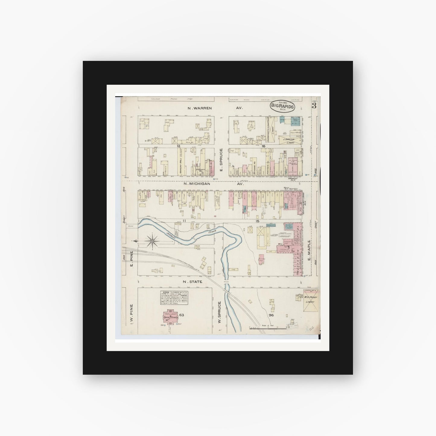 Old map wall art mockup — black gallery frame with white mat — Sanborn Fire Insurance Map from Big Rapids, Mecosta County, Michigan (1884), Sheet #0003
