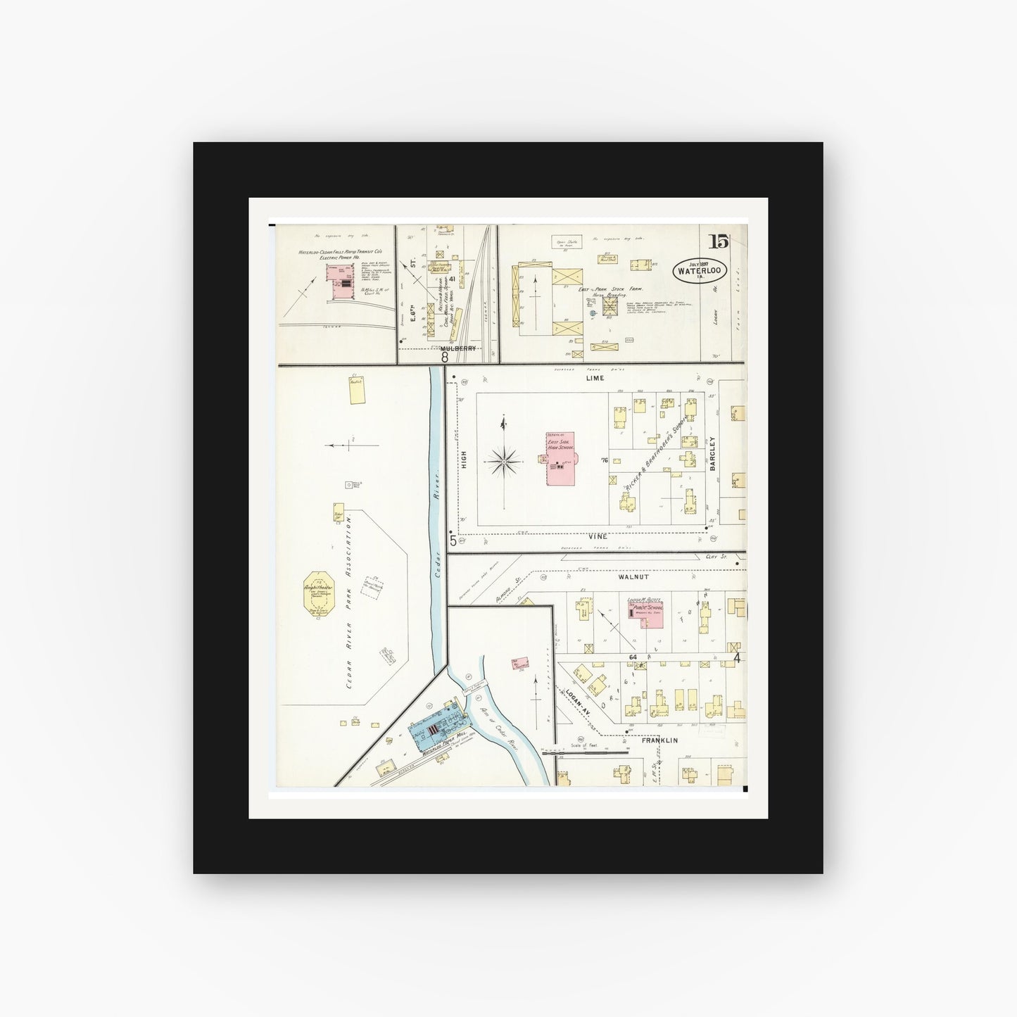 Old map wall art mockup — black gallery frame with white mat — Sanborn Fire Insurance Map from Waterloo, Black Hawk County, Iowa (1897), Sheet #0015