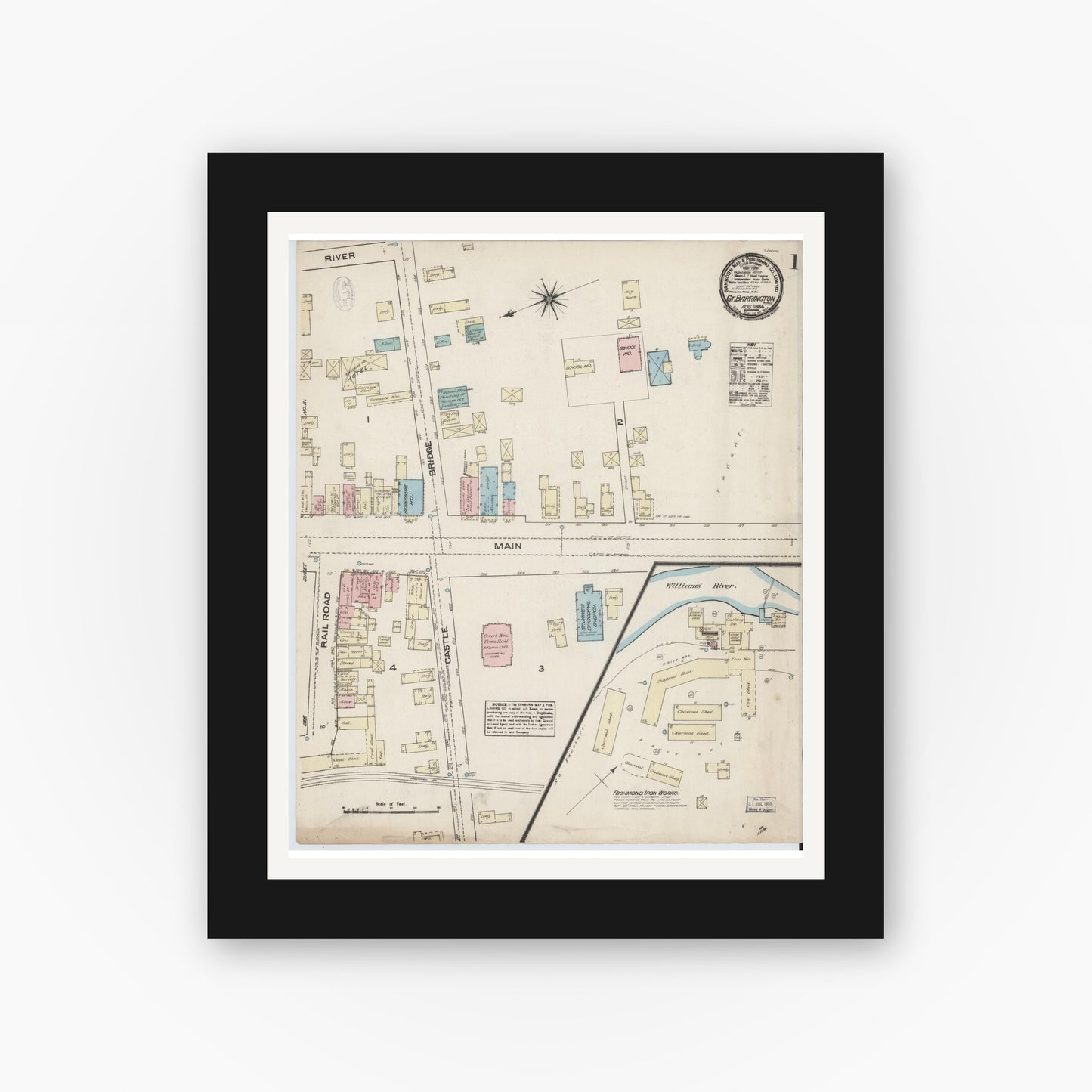 Old map wall art mockup — black gallery frame with white mat — Sanborn Fire Insurance Map from Great Barrington, Berkshire County, Massachusetts (1884), Sheet #0001
