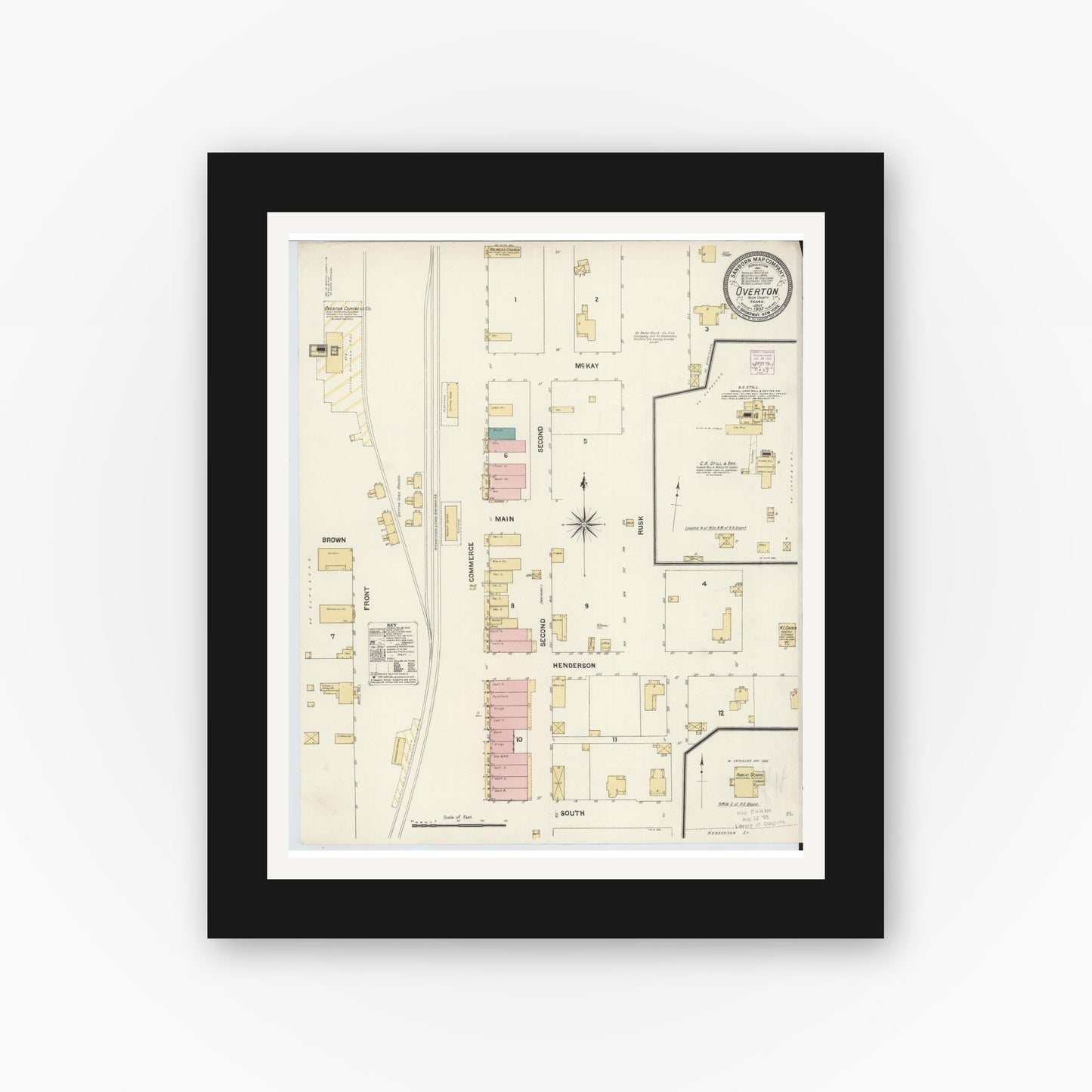 Old map wall art mockup — black gallery frame with white mat — Sanborn Fire Insurance Map from Overton, Rusk County, Texas (1907), Sheet #0001