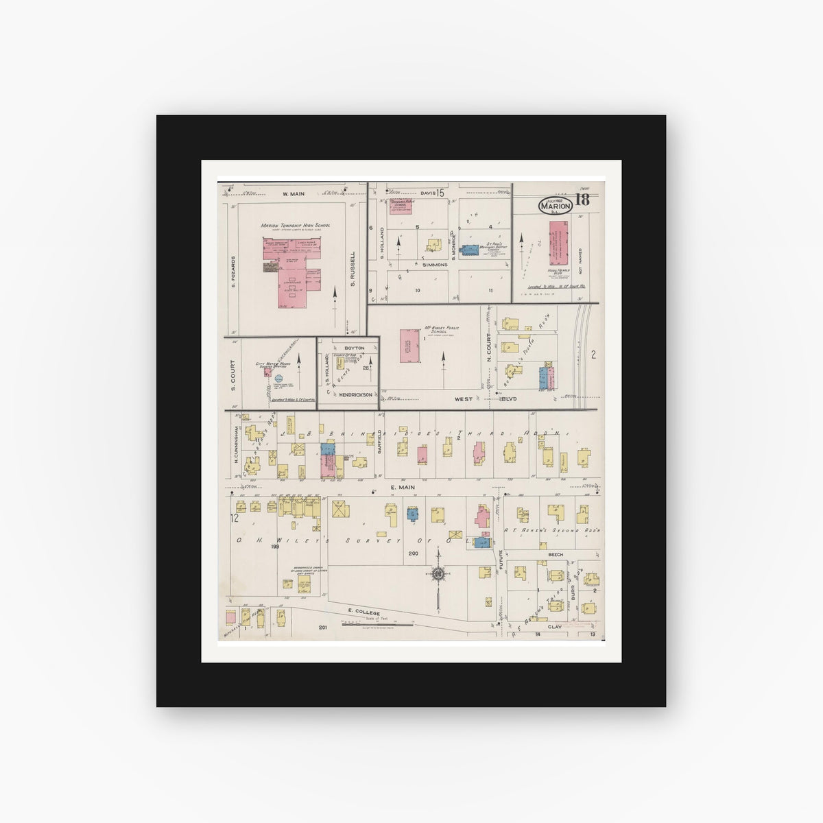 Old map wall art mockup — black gallery frame with white mat — Sanborn Fire Insurance Map from Marion, Williamson County, Illinois (1922), Sheet #0018