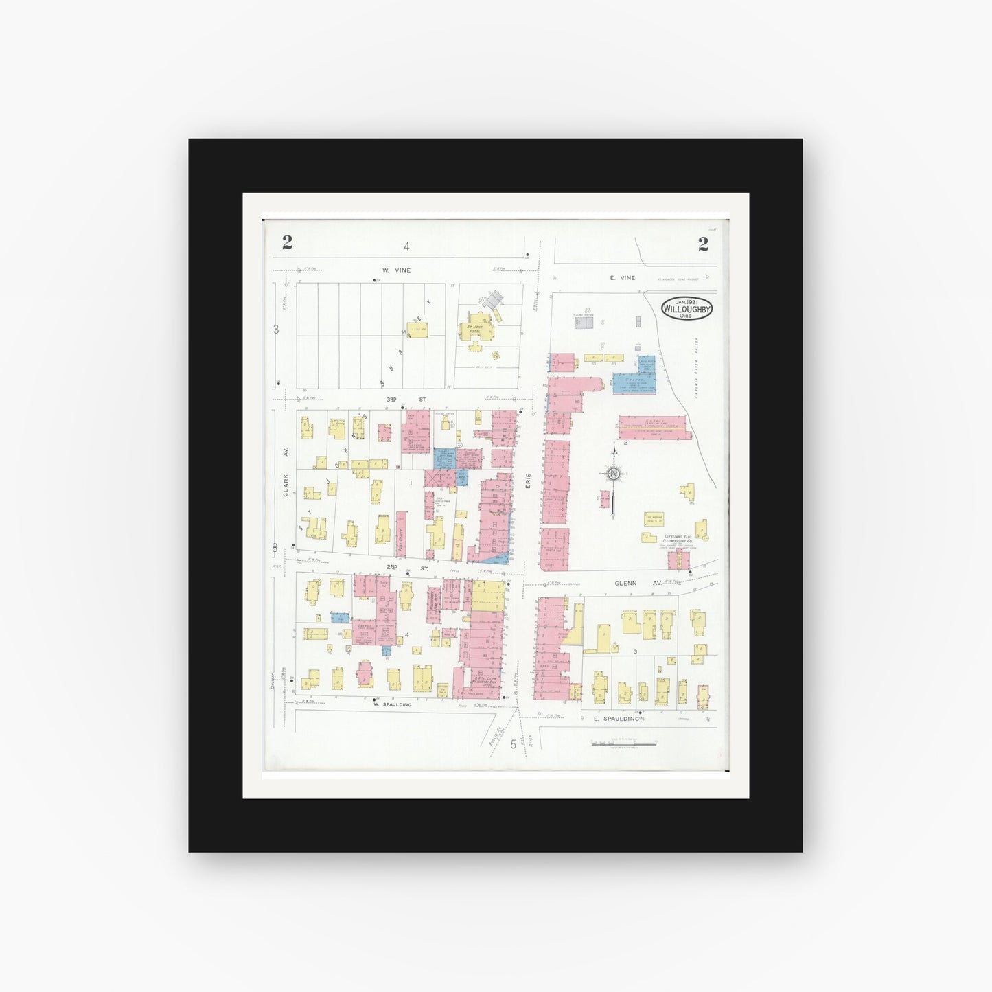 Old map wall art mockup — black gallery frame with white mat — Sanborn Fire Insurance Map from Willoughby, Lake County, Ohio (1931), Sheet #0002