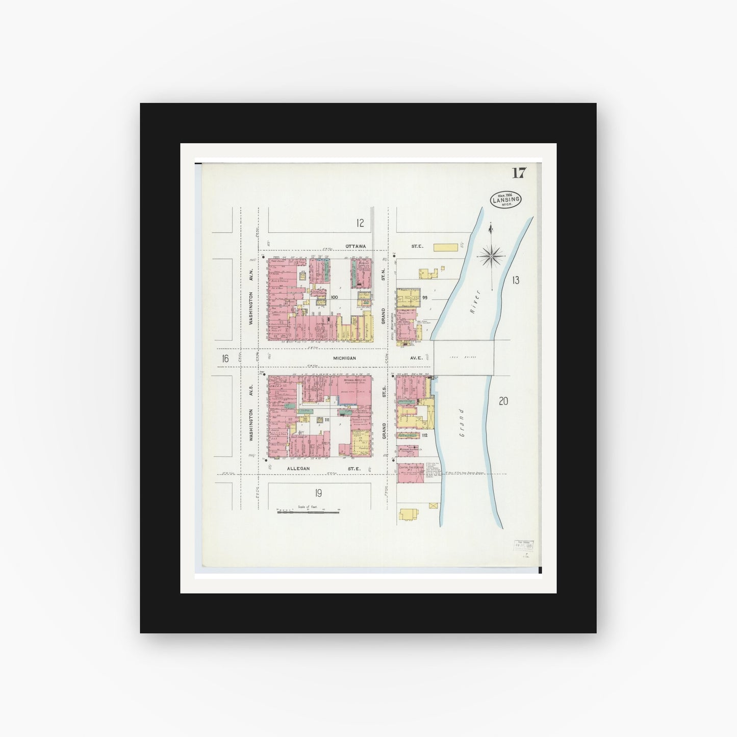 Old map wall art mockup — black gallery frame with white mat — Sanborn Fire Insurance Map from Lansing, Ingham County, Michigan (1906), Sheet #0017