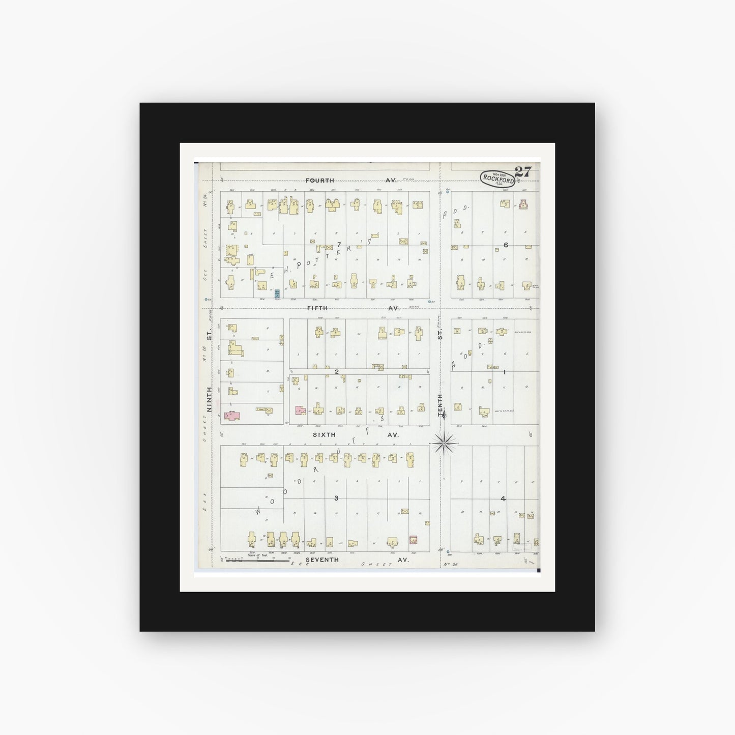 Old map wall art mockup — black gallery frame with white mat — Sanborn Fire Insurance Map from Rockford, Winnebago County, Illinois (1891), Sheet #0027