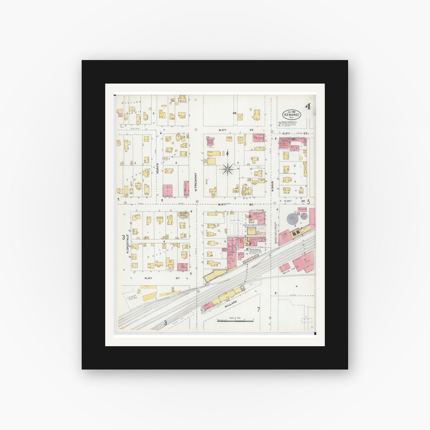 Old map wall art mockup — black gallery frame with white mat — Sanborn Fire Insurance Map from Kewanee, Henry County, Illinois (1905), Sheet #0004