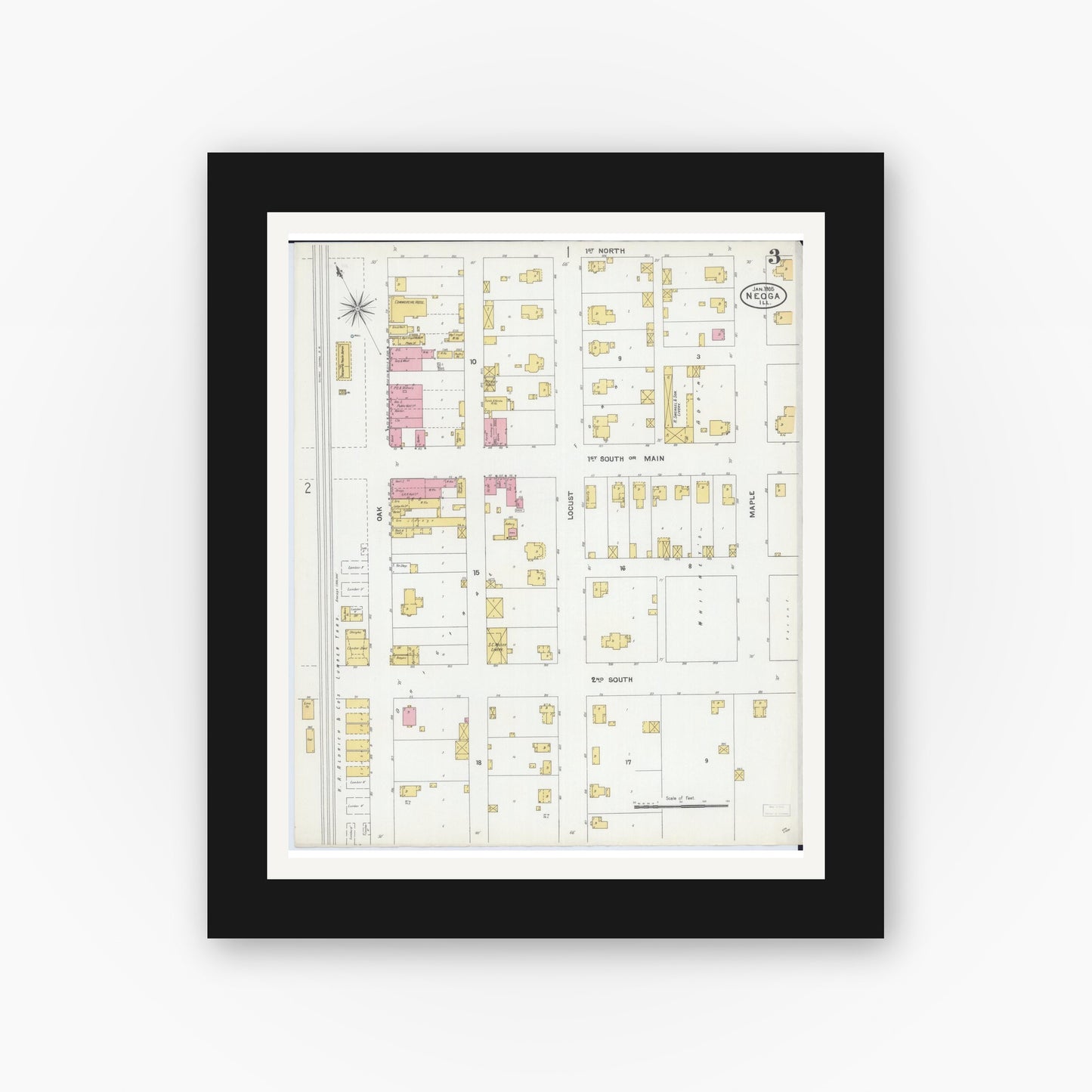 Old map wall art mockup — black gallery frame with white mat — Sanborn Fire Insurance Map from Neoga, Cumberland County, Illinois (1905), Sheet #0003