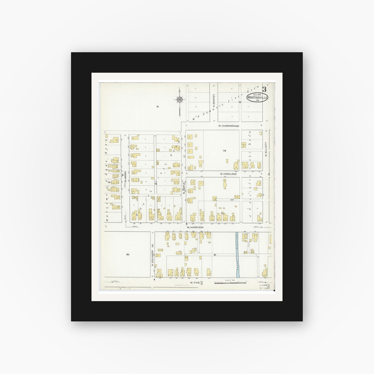 Old map wall art mockup — black gallery frame with white mat — Sanborn Fire Insurance Map from Martinsville, Morgan County, Indiana (1916), Sheet #0003