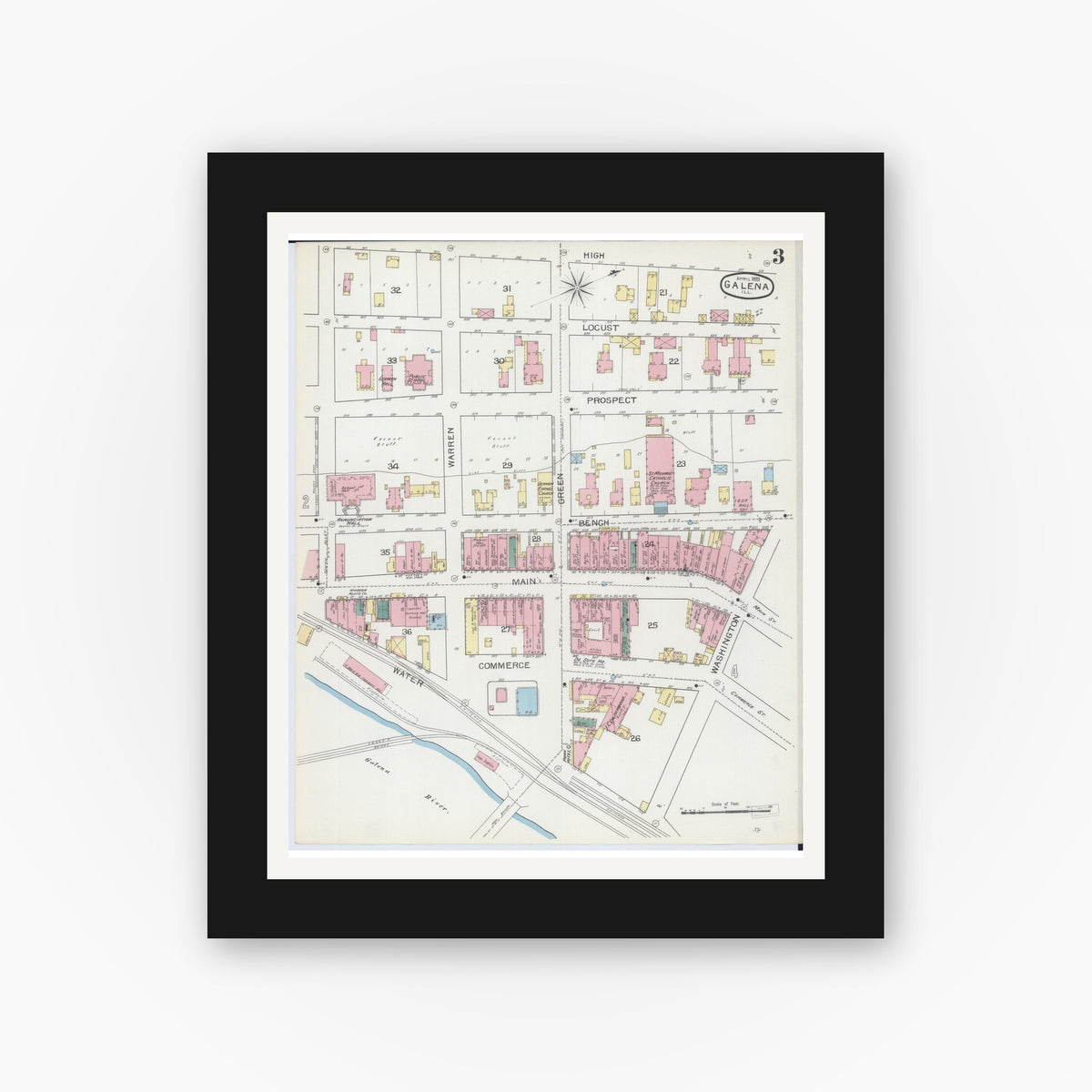 Old map wall art mockup — black gallery frame with white mat — Sanborn Fire Insurance Map from Galena, Jo Daviess County, Illinois (1893), Sheet #0003