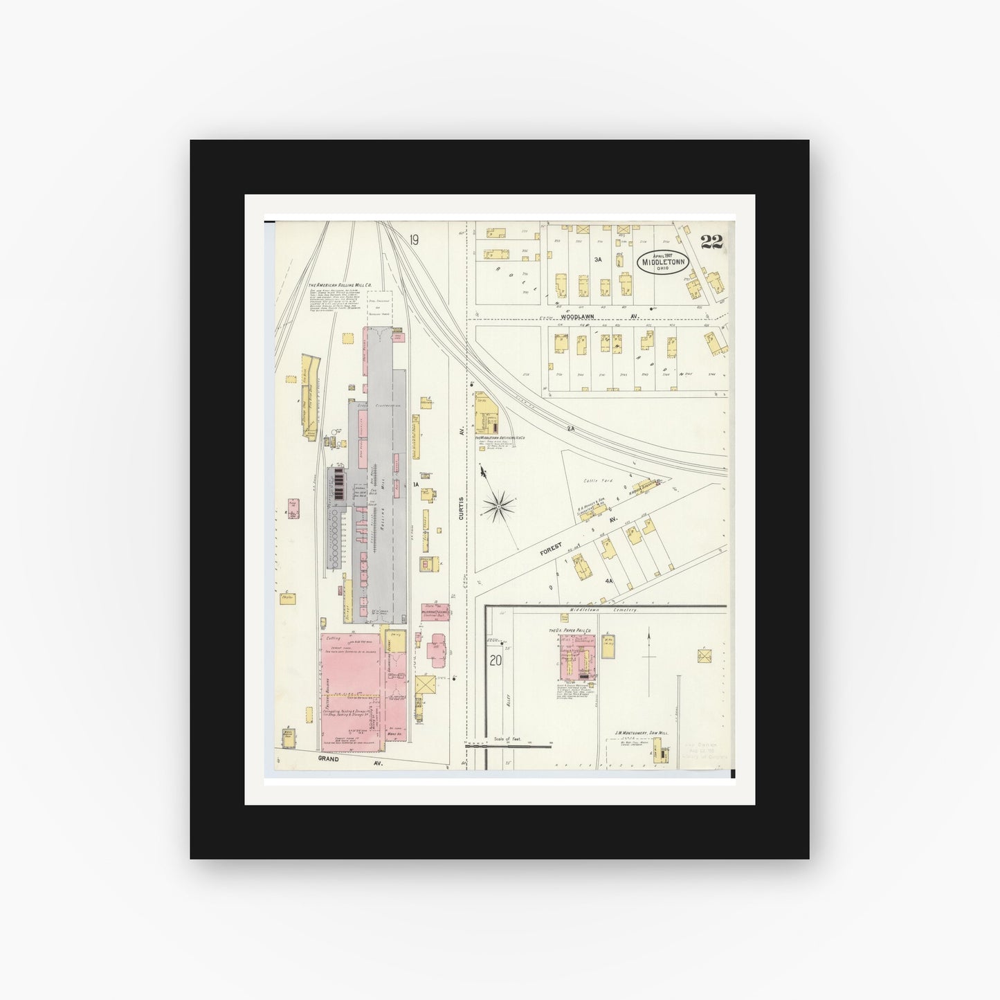 Old map wall art mockup — black gallery frame with white mat — Sanborn Fire Insurance Map from Middletown, Butler County, Ohio (1907), Sheet #0022