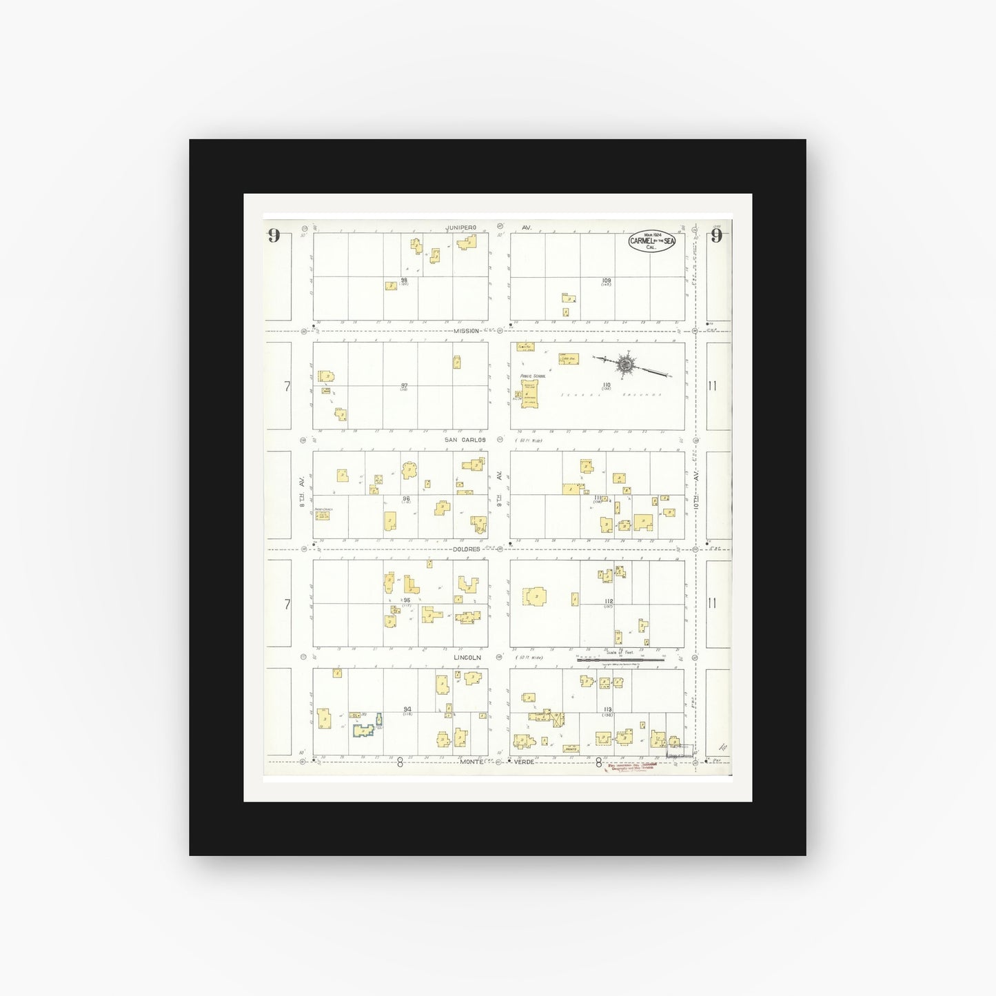 Old map wall art mockup — black gallery frame with white mat — Sanborn Fire Insurance Map from Carmel By The Sea, Monterey County, California (1924), Sheet #0009