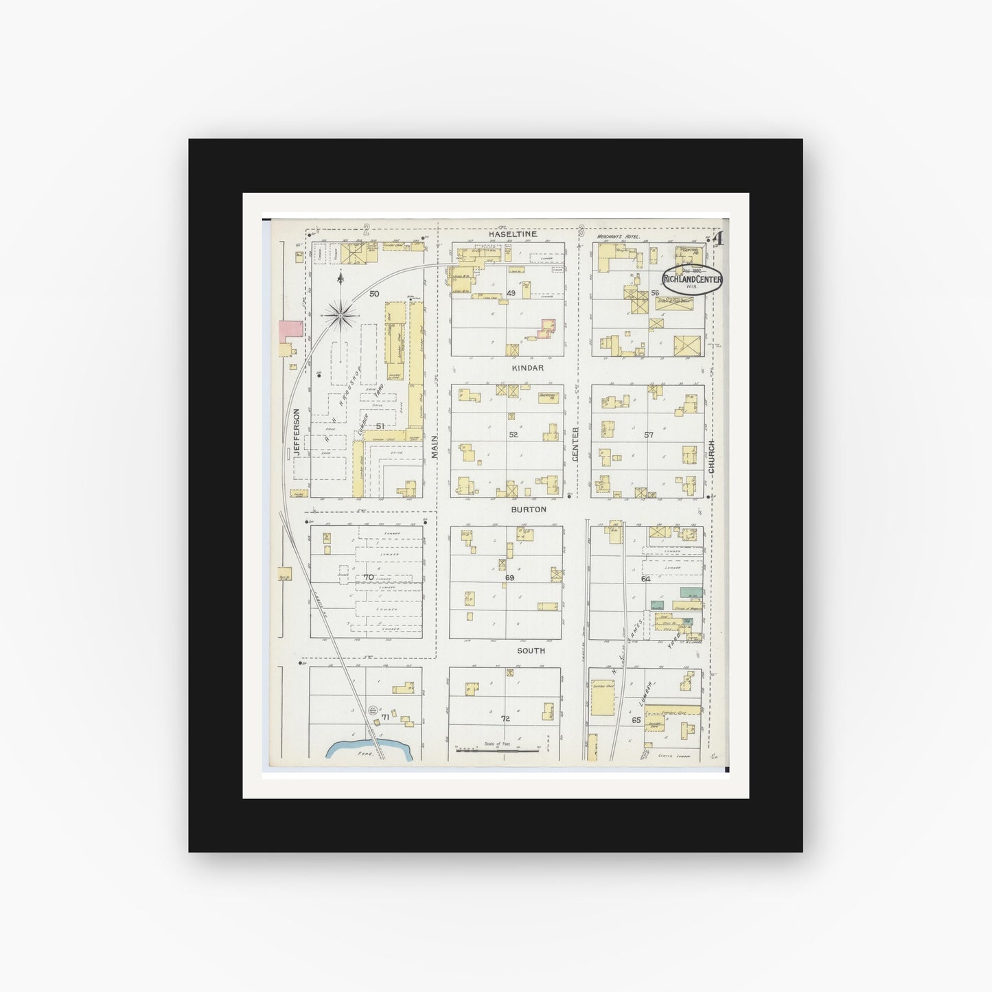 Old map wall art mockup — black gallery frame with white mat — Sanborn Fire Insurance Map from Richland Center, Richland County, Wisconsin (1892), Sheet #0004