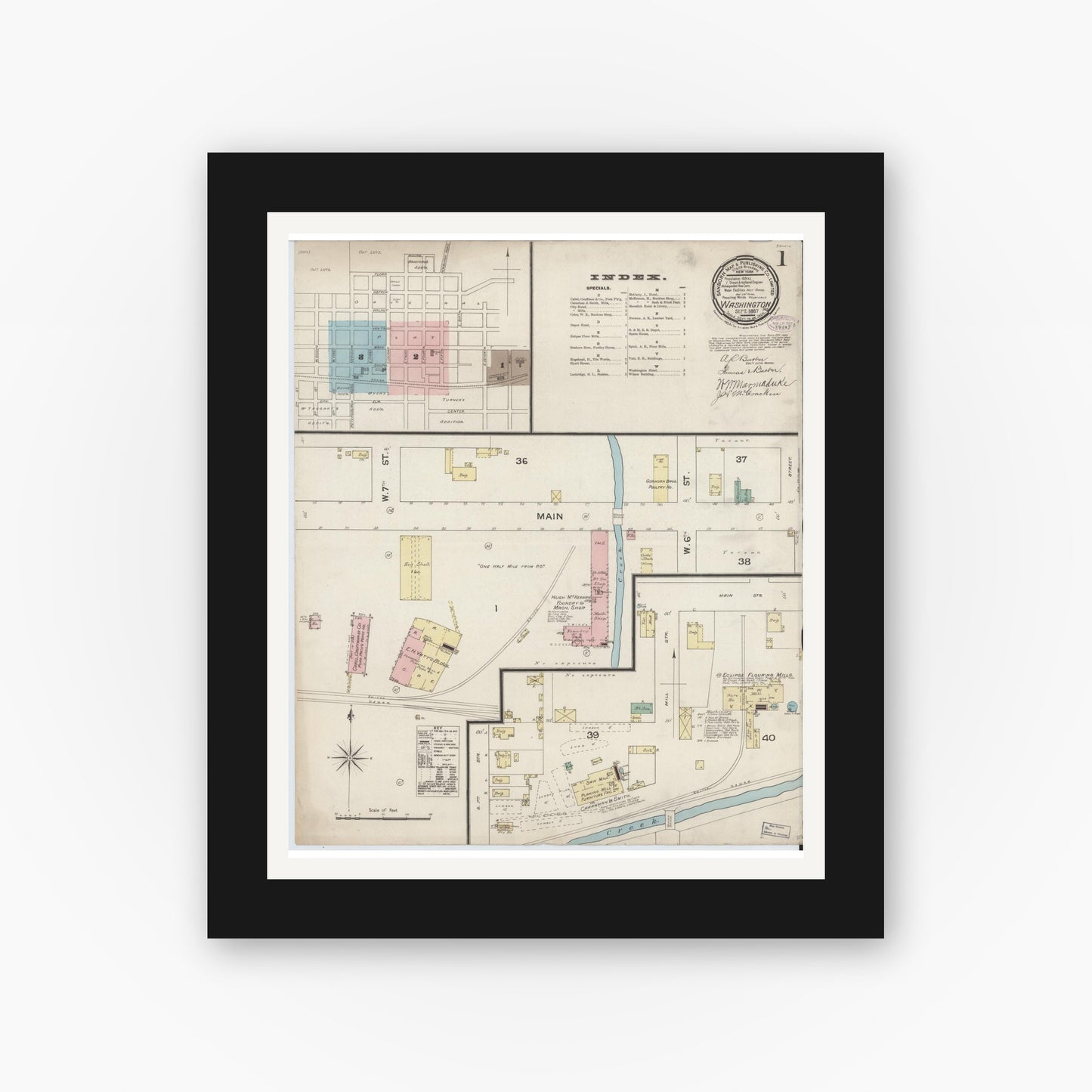 Old map wall art mockup — black gallery frame with white mat — Sanborn Fire Insurance Map from Washington, Daviess County, Indiana (1887) - Complete Map Set