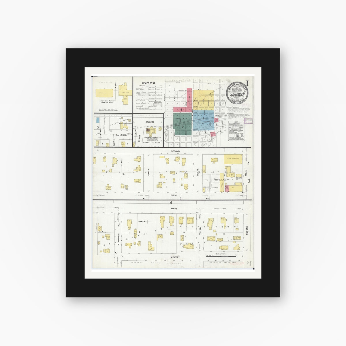 Old map wall art mockup — black gallery frame with white mat — Sanborn Fire Insurance Map from Sandwich, De Kalb County, Illinois (1909) - Complete Map Set