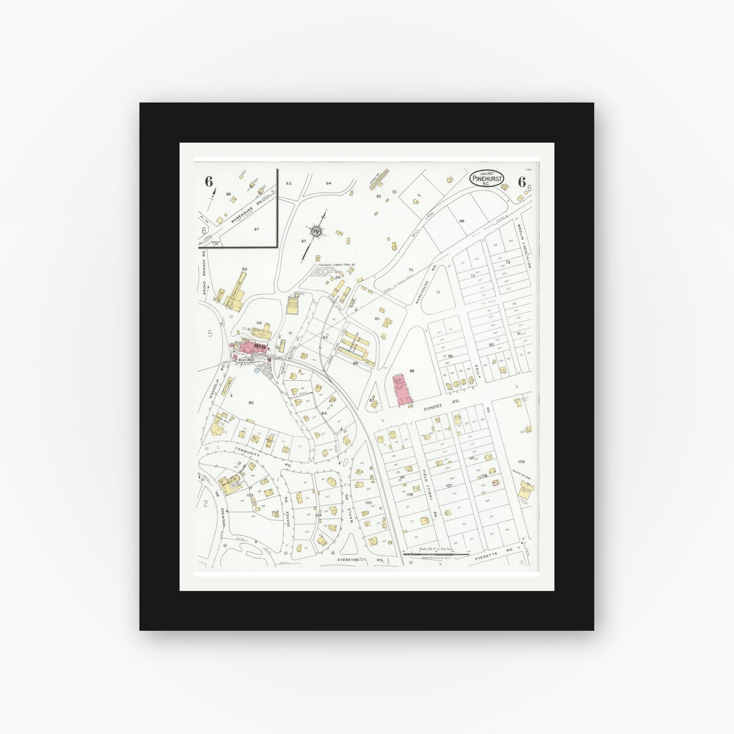Old map wall art mockup — black gallery frame with white mat — Sanborn Fire Insurance Map from Pinehurst, Moore County, North Carolina (1927), Sheet #0006