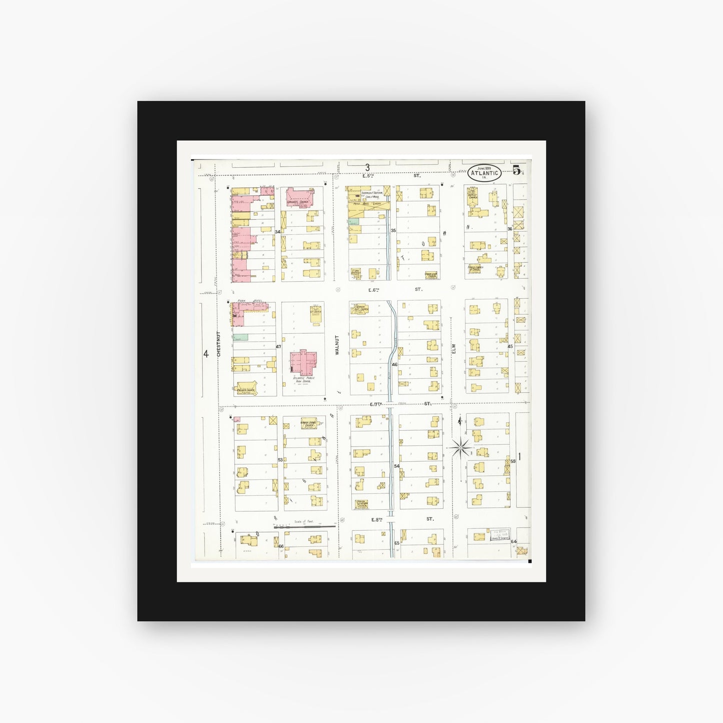 Old map wall art mockup — black gallery frame with white mat — Sanborn Fire Insurance Map from Atlantic, Cass County, Iowa (1899), Sheet #0005