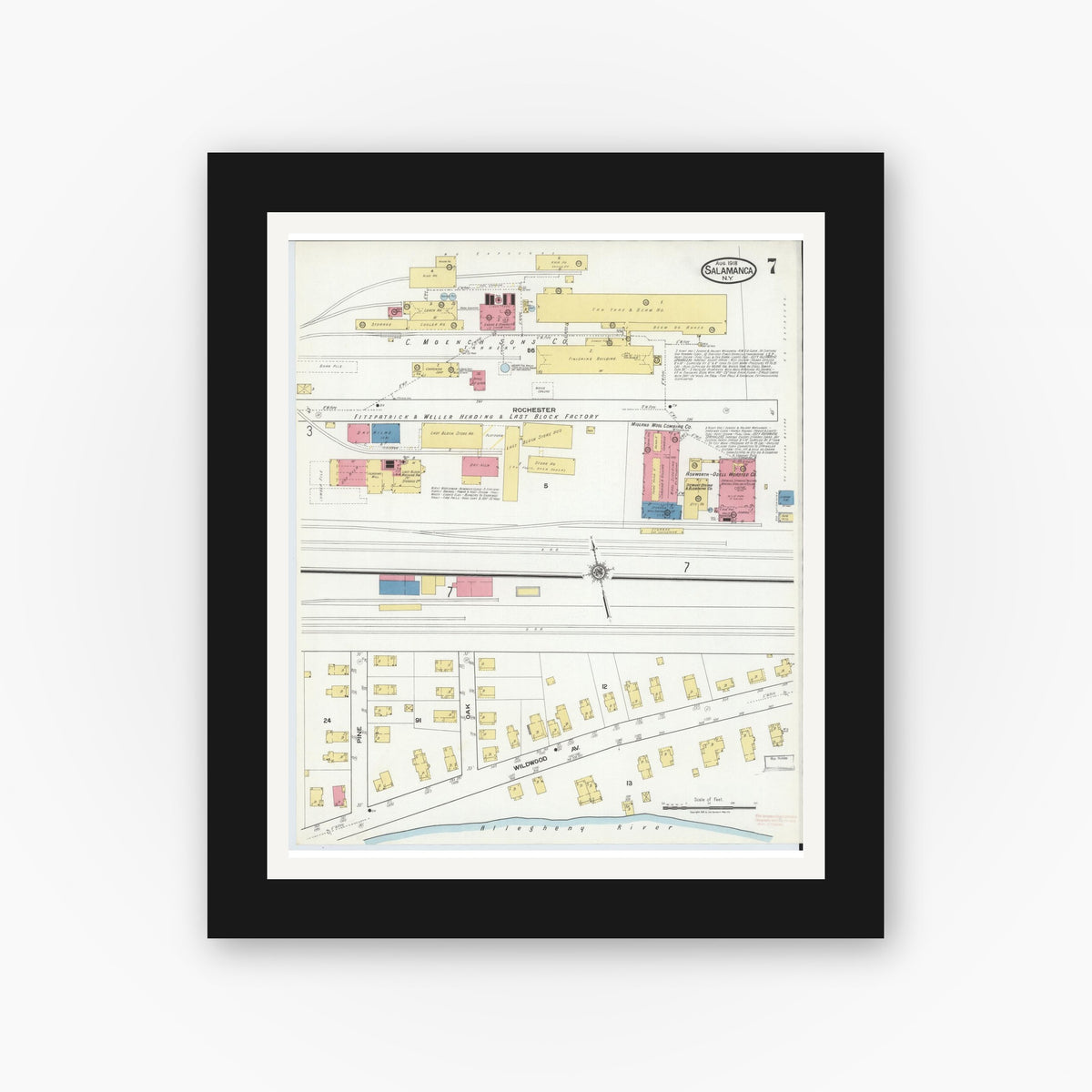 Old map wall art mockup — black gallery frame with white mat — Sanborn Fire Insurance Map from Salamanca, Cattaraugus County, New York (1918), Sheet #0007