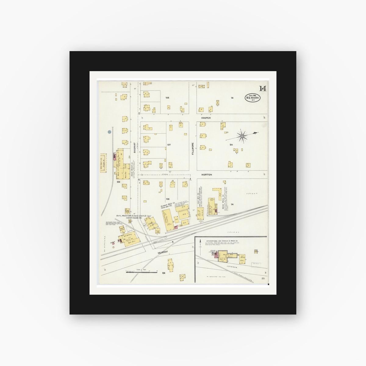 Old map wall art mockup — black gallery frame with white mat — Sanborn Fire Insurance Map from Newark, Wayne County, New York (1906), Sheet #0014