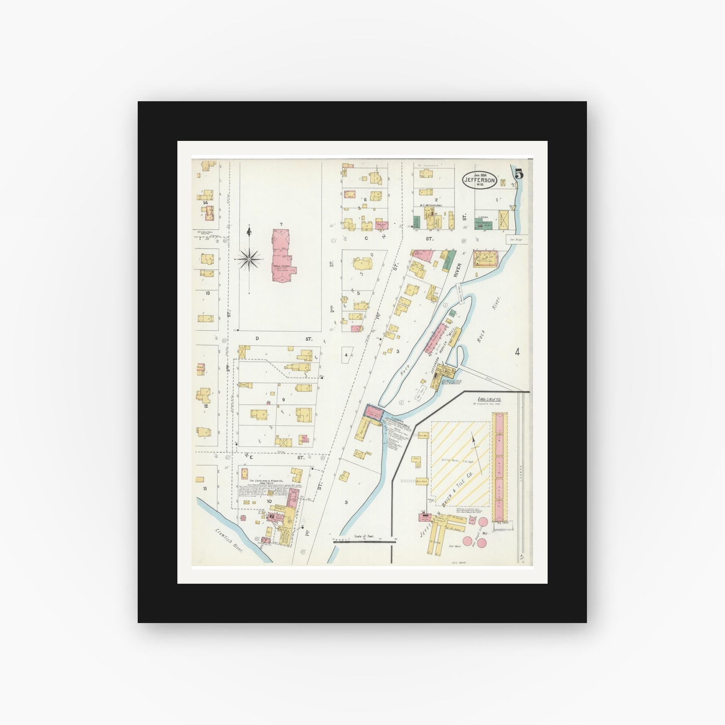 Old map wall art mockup — black gallery frame with white mat — Sanborn Fire Insurance Map from Jefferson, Jefferson County, Wisconsin (1904), Sheet #0005