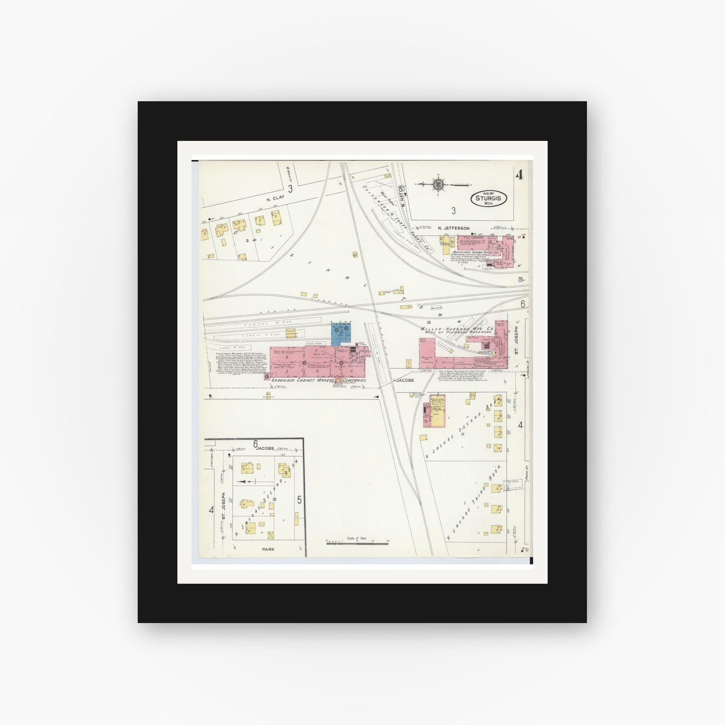 Old map wall art mockup — black gallery frame with white mat — Sanborn Fire Insurance Map from Sturgis, Saint Joseph County, Michigan (1911), Sheet #0004
