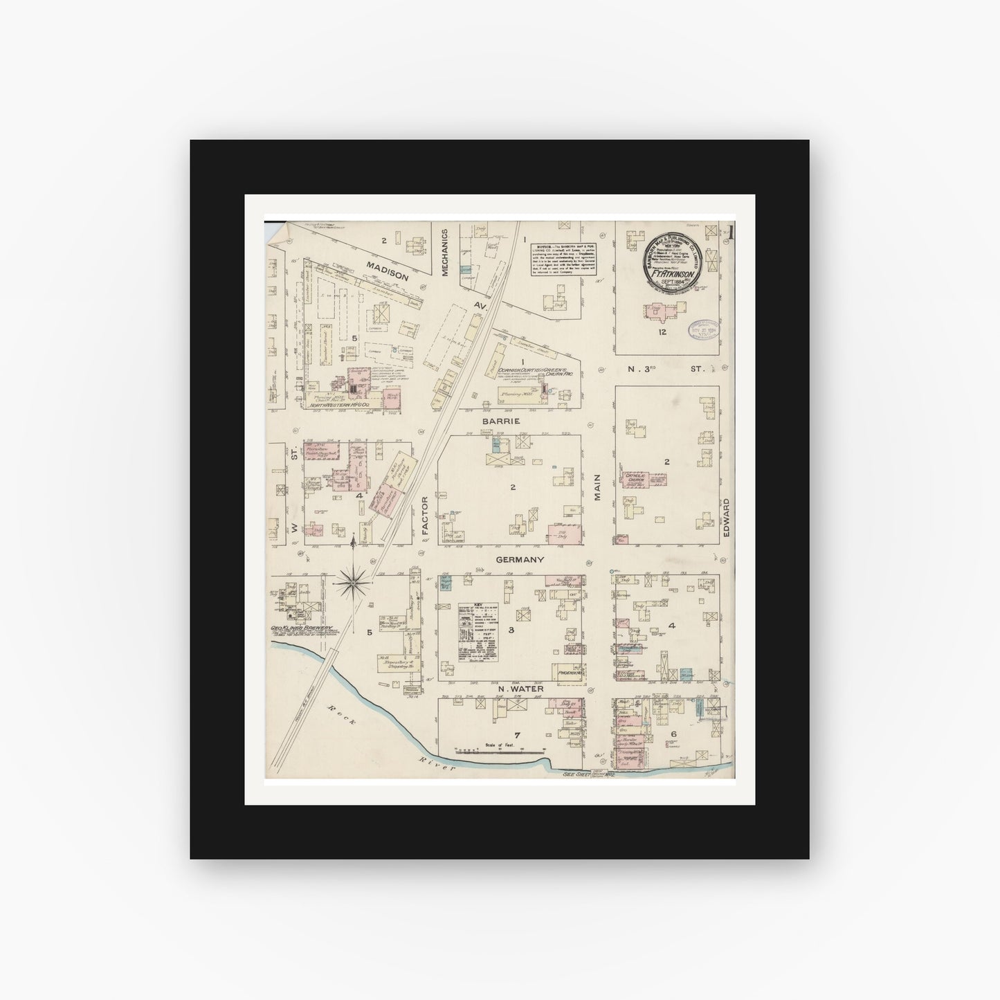 Old map wall art mockup — black gallery frame with white mat — Sanborn Fire Insurance Map from Fort Atkinson, Jefferson County, Wisconsin (1884) - Complete Map Set