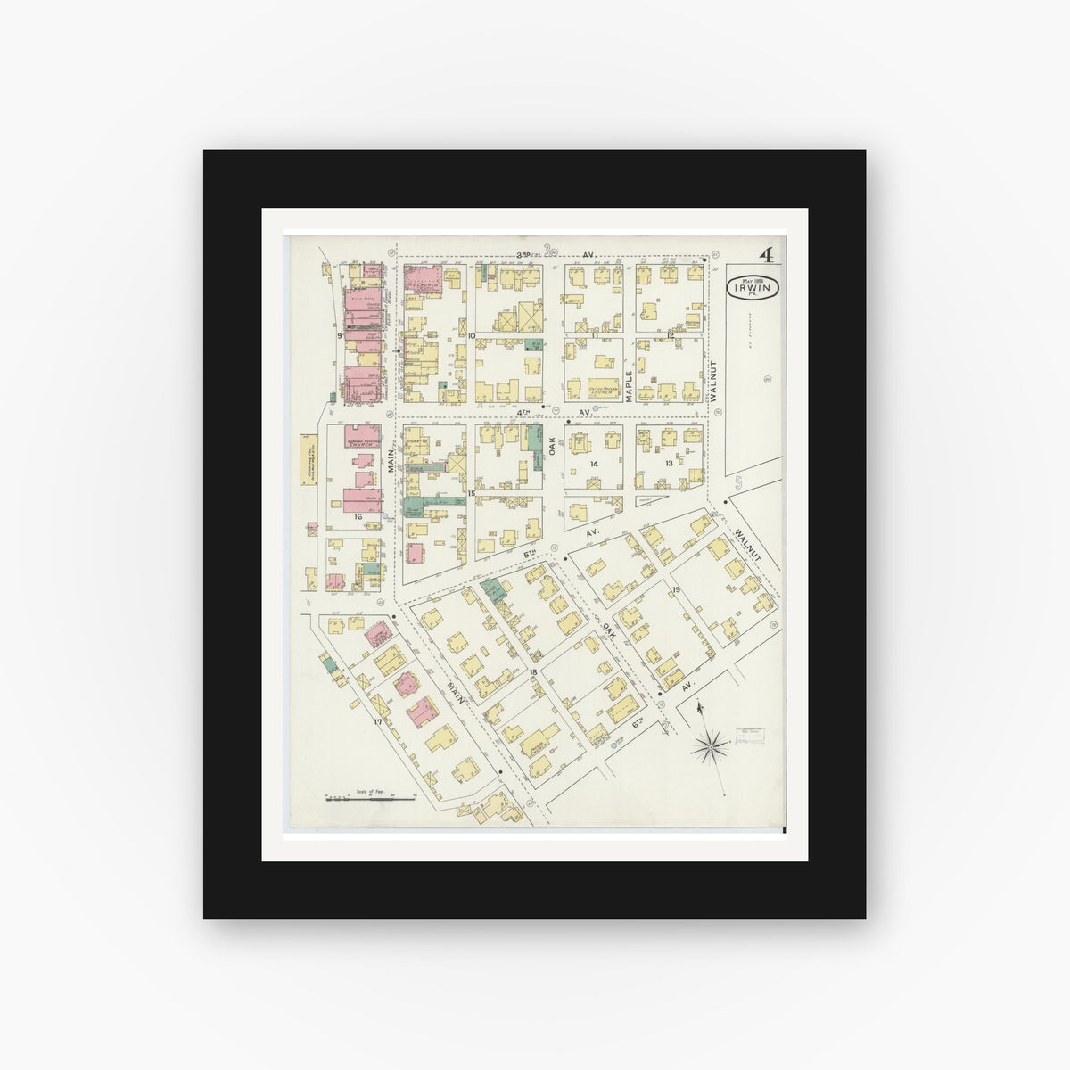 Old map wall art mockup — black gallery frame with white mat — Sanborn Fire Insurance Map from Irwin, Westmoreland County, Pennsylvania (1894), Sheet #0004
