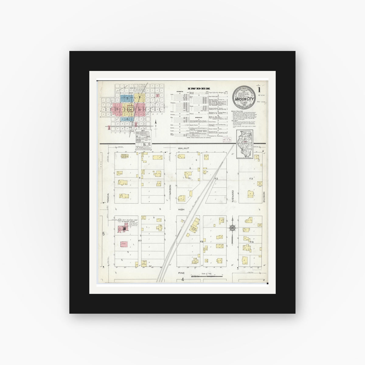 Old map wall art mockup — black gallery frame with white mat — Sanborn Fire Insurance Map from Mason City, Mason County, Illinois (1914), Sheet #0001
