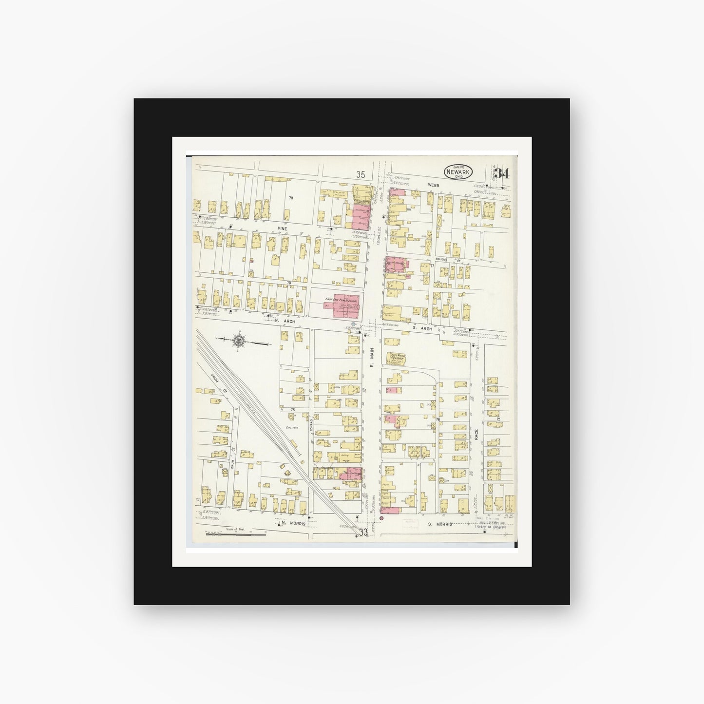 Old map wall art mockup — black gallery frame with white mat — Sanborn Fire Insurance Map from Newark, Licking County, Ohio (1912), Sheet #0034