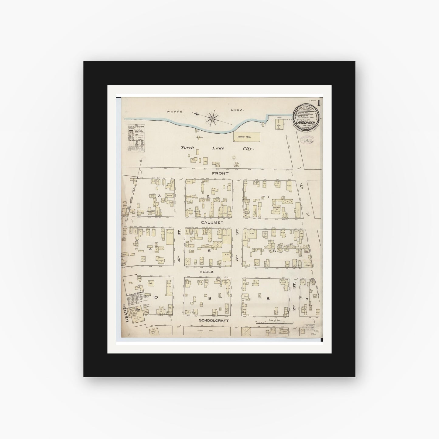 Old map wall art mockup β black gallery frame with white mat β Sanborn Fire Insurance Map from Lake Linden, Houghton County, Michigan (1885) - Complete Map Set