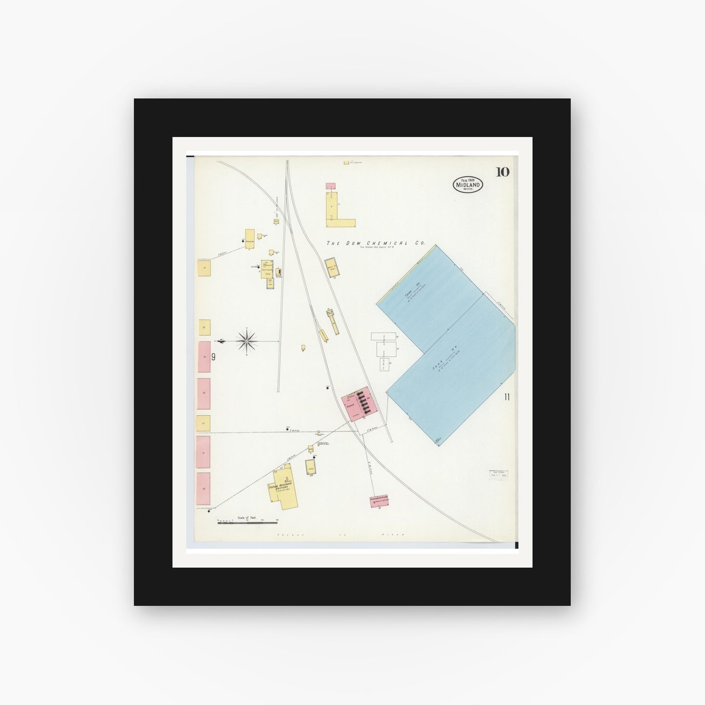 Old map wall art mockup — black gallery frame with white mat — Sanborn Fire Insurance Map from Midland, Midland County, Michigan (1909), Sheet #0010