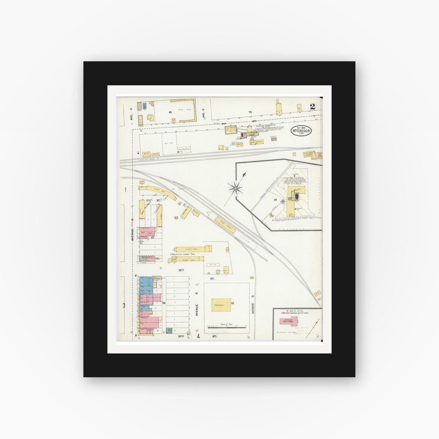 Old map wall art mockup — black gallery frame with white mat — Sanborn Fire Insurance Map from McGregor, McLennan County, Texas (1904), Sheet #0002