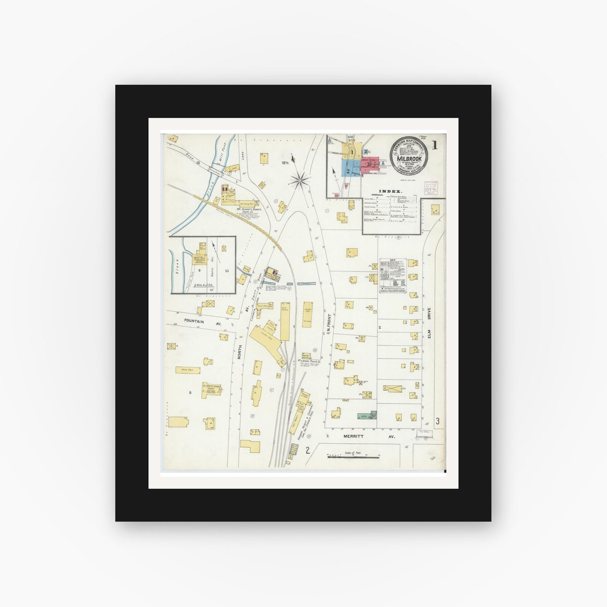 Old map wall art mockup — black gallery frame with white mat — Sanborn Fire Insurance Map from Millbrook, Dutchess County, New York (1905), Sheet #0001